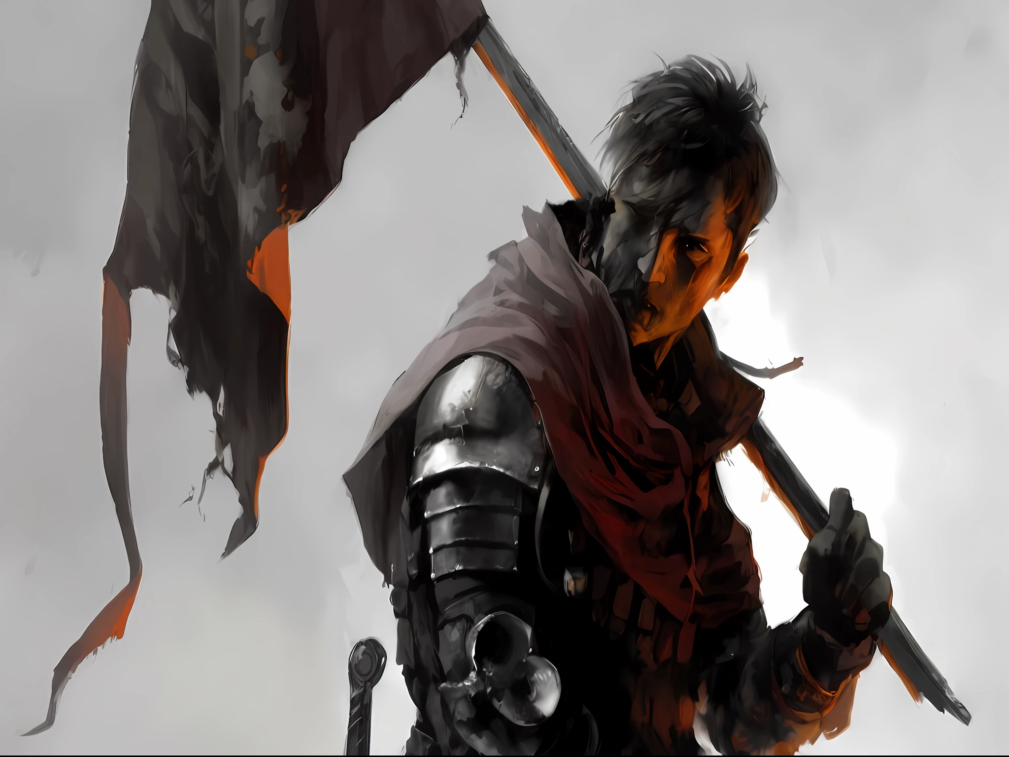There's a man holding a flag and a sword in his hand, Craig Mullins Dappled lighting, painting of a knight, Craig Mullins Dark Key, raymond swanland style, medieval fantasy game art, roleplaying game art, by Craig Mullins, d d d digital painting, artgerm craig mullins, gabriele dell'otto, craig mullins nekro, ultra realistic, with the sky a little grayer and a little blood splashed on the armor --auto