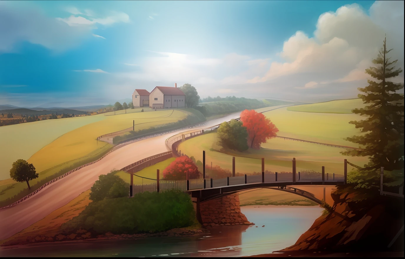 painting of a house on a hill with a bridge over a river, rural landscape, super realistic