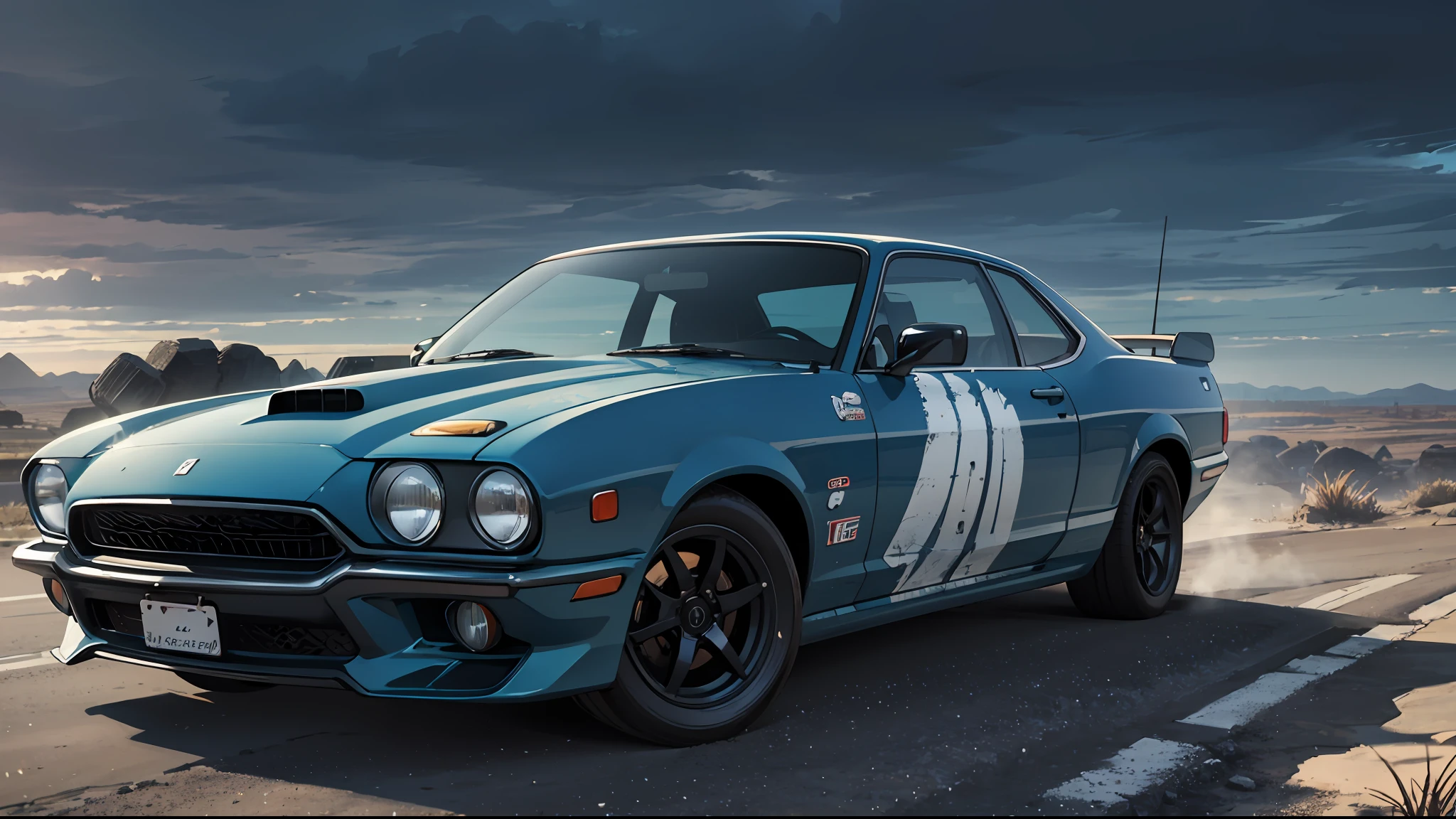 Create a cinematic, filmic image 4k, 8k with [George Miller's Mad Max style]. The image should be captured in a [wide-angle view] and depict [single] a [post-apocalyptic]  V8 [muscle car]. The car's paint is a [black] covered in a spots of [rust] and thin layer of smooth [dust] and [dirt], making it appear [rugged] and [gritty] but with visible [black color] The car's body should be [sleek] and [aerodynamic], giving it a [low] and [aggressive] stance that conveys [power] and [speed]. The front of the car should feature a [distinctive] front nose cone with [rectangular lights] that adds to its [intimidating] appearance. The car's wheels should be [large] and [sturdy], with [thick] tires that can handle the [rough] terrain of the [post-apocalyptic] wasteland. The rims should be made of [durable] metal with a [unique design] that showcases the car's [individuality]. In addition, the car should have [eight exhaust side pipes]. The car should also feature a Weiand 6-71 [supercharger] mounted on the hood, protruding through the bonnet. Car should be designed to look both [powerful] and [functional], built to withstand the [harsh] conditions of the [post-apocalyptic] wasteland. The image should be [ultra-realistic], with [high-resolution] captured in [natural light]. The lighting should create [soft shadows] and showcase the [raw] and [vibrant colors] of the car. The image should be a highly-detailed photography set in a [post-nuclear], [fallout] like setting, conveying a sense of [danger] and [grittiness]. The final image should be a [masterpiece], with a [realistic portrayal] of the Interceptor that is both [intimidating] and [awe-inspiring]. Background should contain [empty desert highway], image takes place before the storm, with the [hot summer sun] still shining brightly in the sky, but in the distance, the sky is a [dark and foreboding shade of blue], hinting at an impending storm --auto --s2