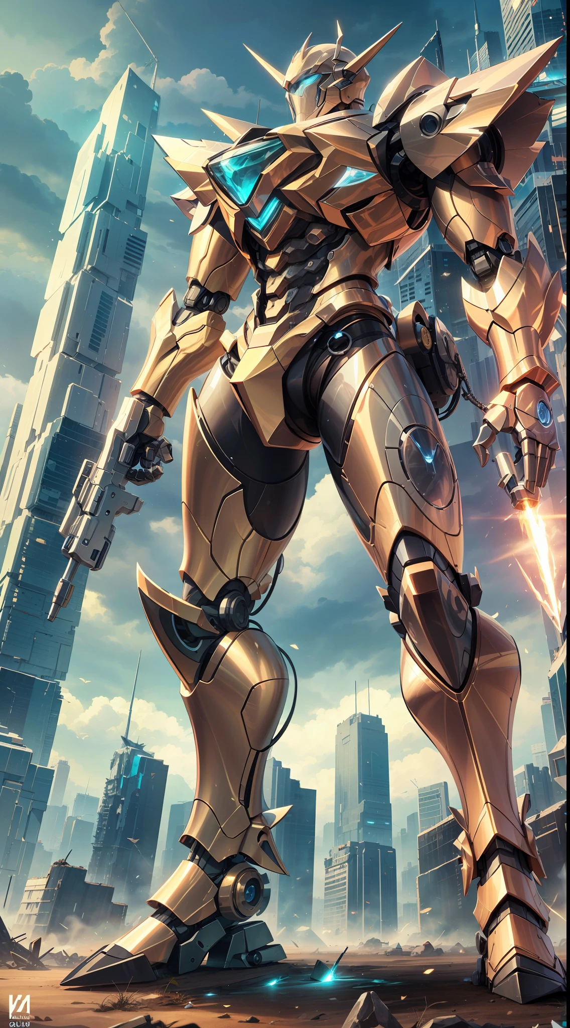 Tall mech, armor, robot, (golden can), cyberpunk style, mecha covered with dragon pattern, huge body, (complex structure), super detailed detail, ruins background, full body shot, 8K, super clear, super HD, super realistic, super real