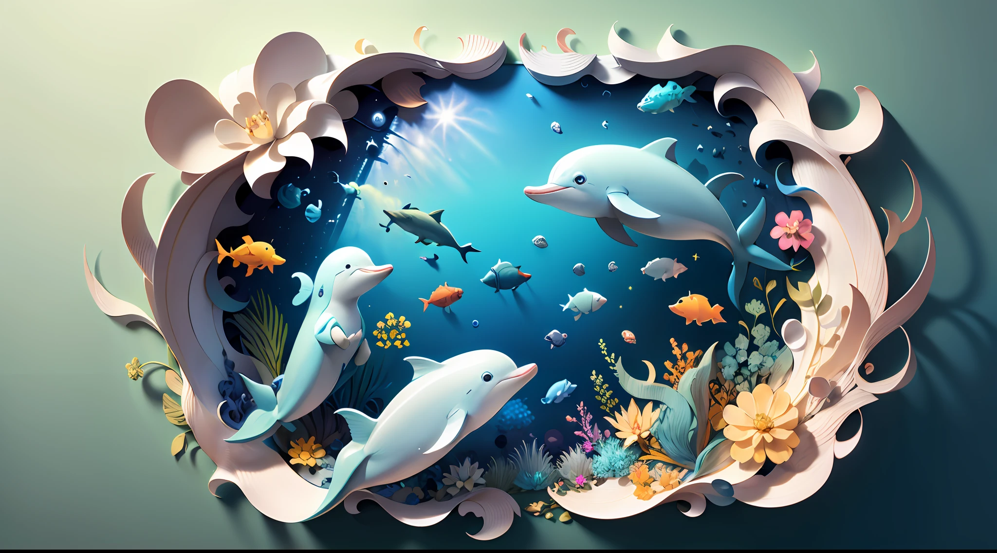 (((masterpiece)))), bestquality, illustration, beautifuldetailedglow, paper_cut, wallpaper,dolphin