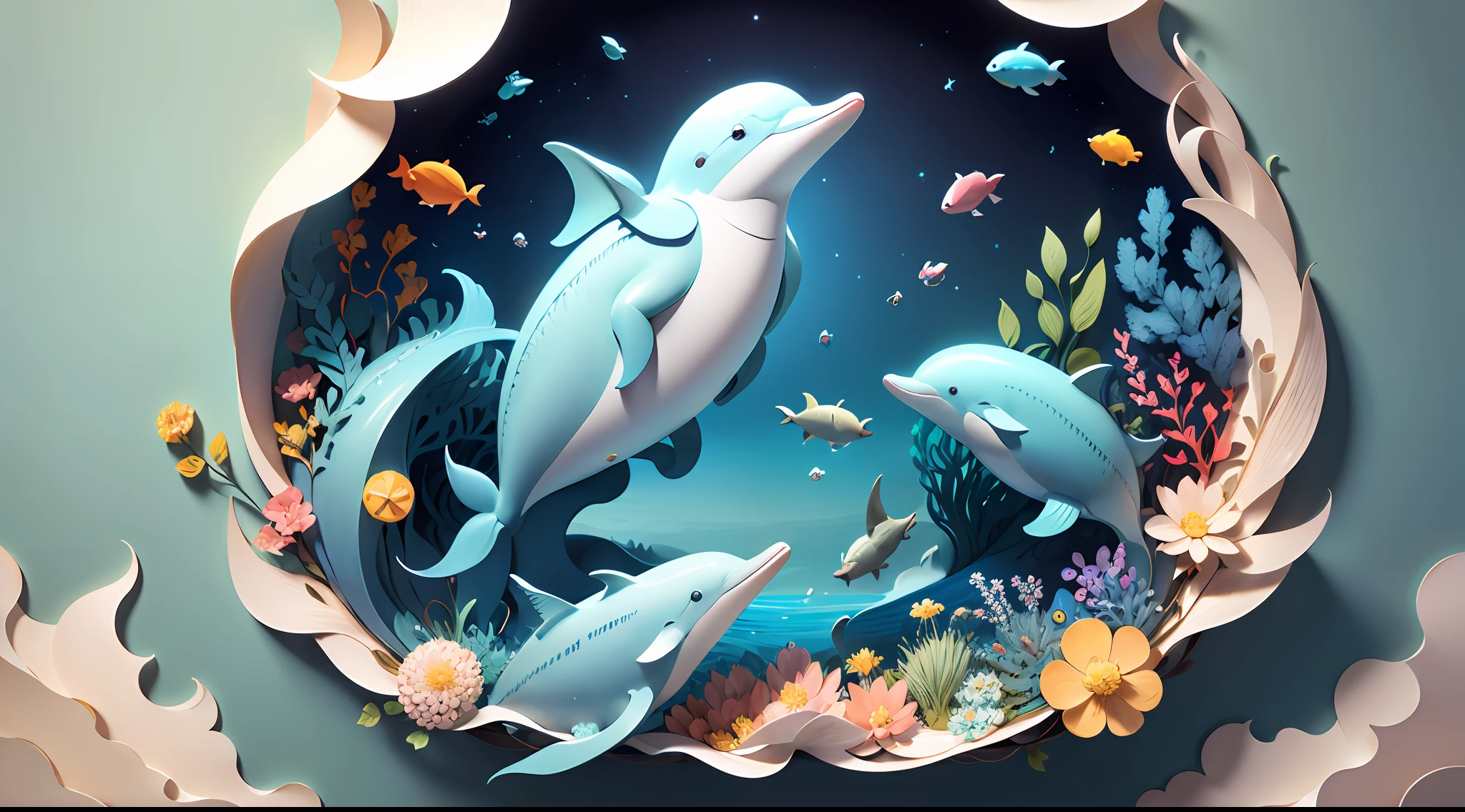 (((masterpiece)))), bestquality, illustration, beautifuldetailedglow, paper_cut, wallpaper,dolphin