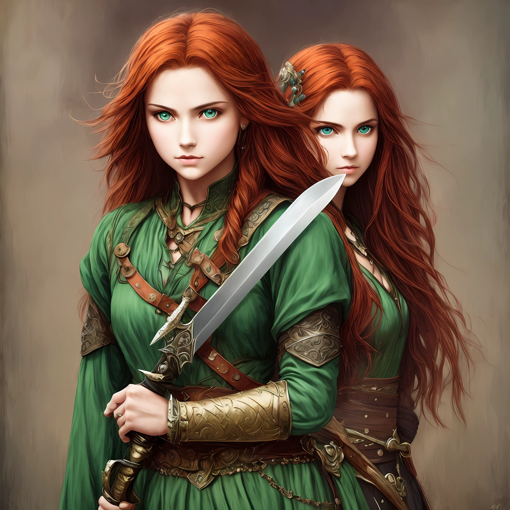 illustration of a warrior princess, with sword, 8k of a beautiful red hair, elegant clothes, highly detailed, majestic, digital photography, wistful art art, grimm wood ,surreal painting , masterpiece, side lighting, beautiful infinitely detailed green eyes: 1.2 ), hdr, --auto