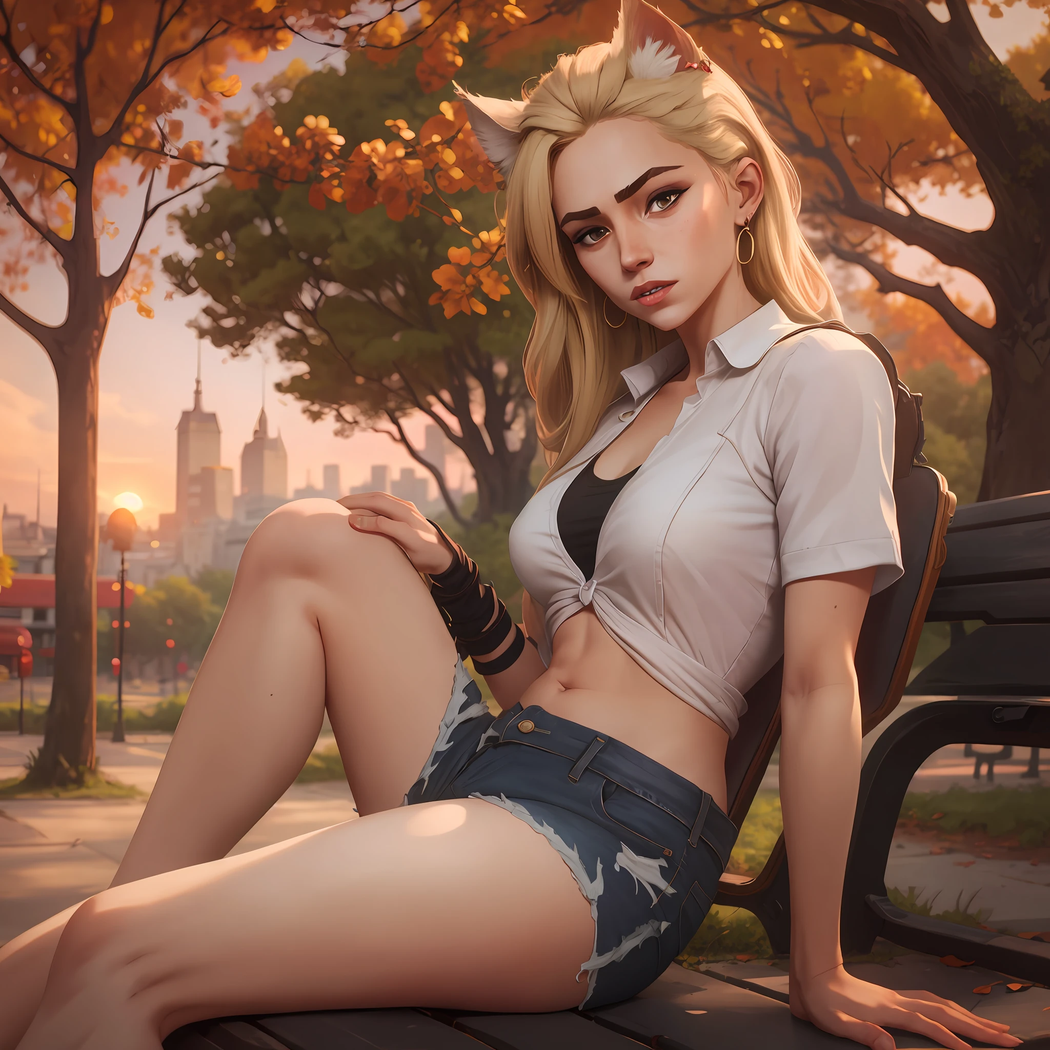 Blonde woman. Light brown eyes. Cat ears. Wearing a white shirt with no print. Wearing ripped jean shorts. Wearing hoop earrings. Sitting on the bench of a park with trees. Sunset.