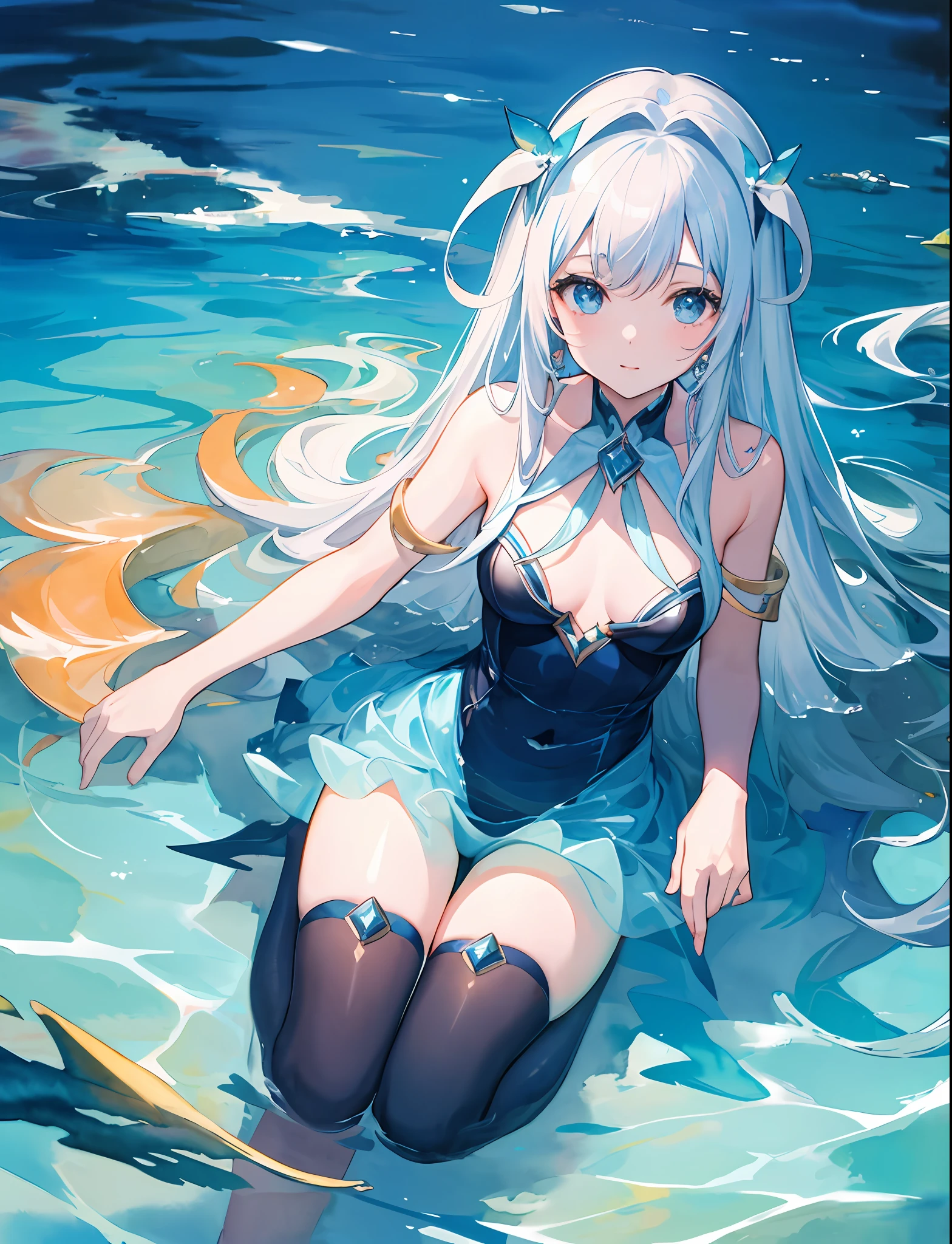 (ultra-detailed, high resolution, masterpiece) 1girl, cetus, coda, oceanodynamic angle, deep ocean, watercolor, sparkling highlights.