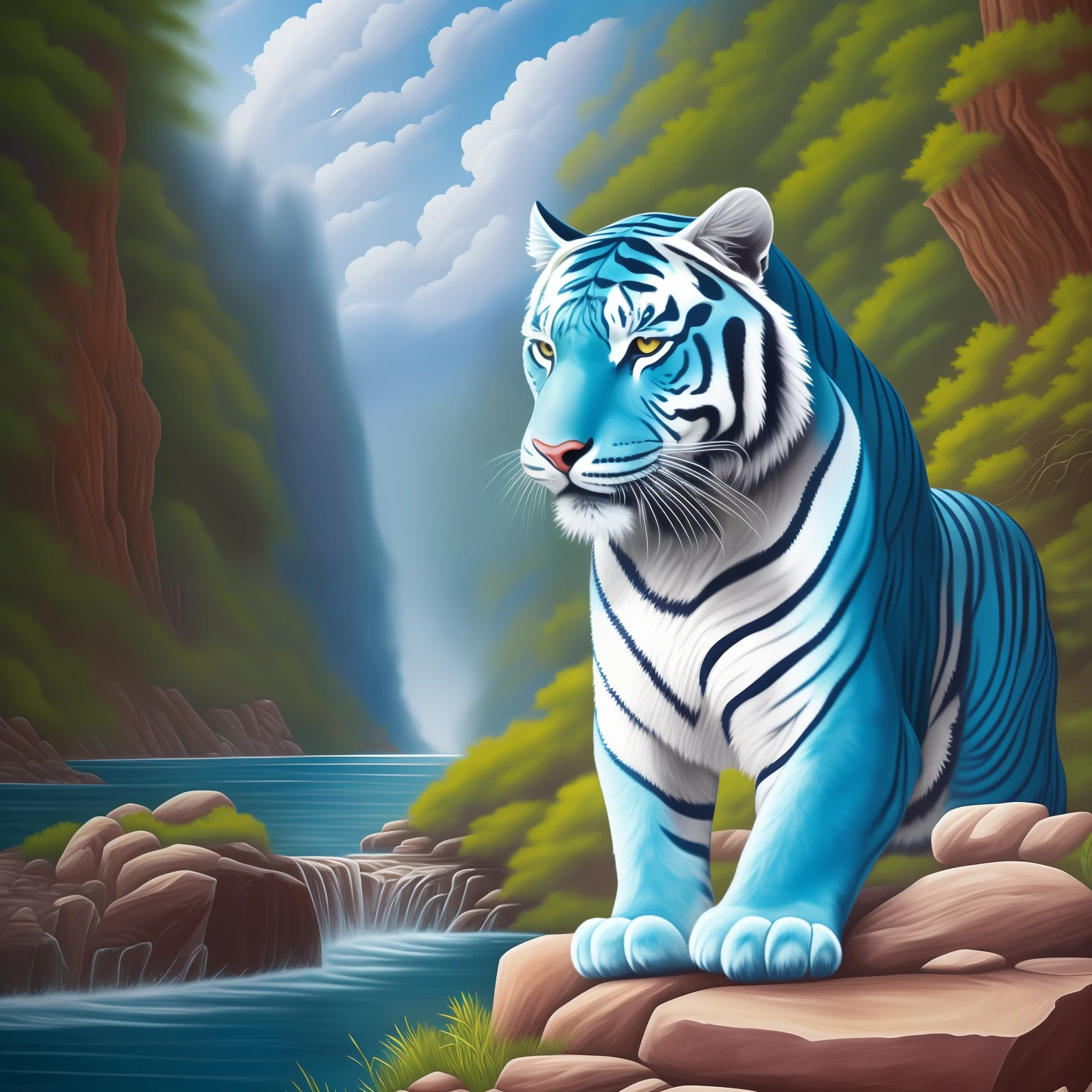painting of a blue tiger standing on a rock in front of a factory, anthropomorphic tiger, by Ivan Meštrović, the blue panther, by Juraj Julije Klović, by Gabrijel Jurkić, by Sava Šumanović, inspired by Dahlov Ipcar, inspired by Bohumil Kubista