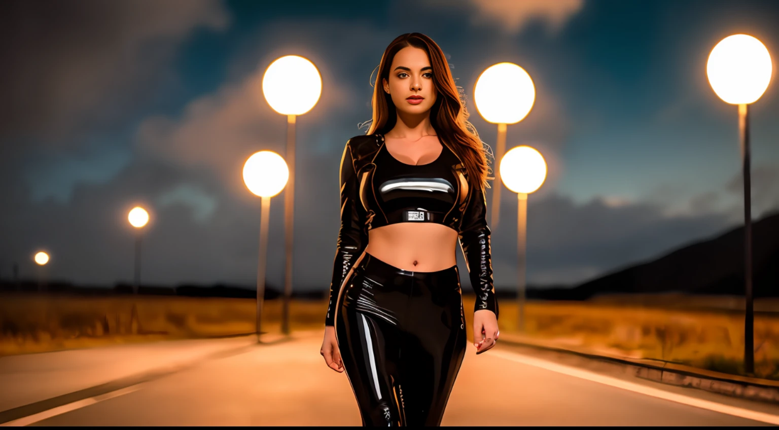 a beautiful woman, full body, standing in a futuristic cinematic setting, in the background in the dark sky a giant planet, latex clothes tight to the body, perfect body, large breasts, thin waist, looking at infinity, sweet look, look of passion for the unknown, real photo, PSD, lamp film photography, sharp focus, contrast lighting, detailed skin,  high resolution 8k, crazy detail, realistic, professional photography, 8k UHD, SLR camera, soft lighting, high quality, grain film, Fujifilm XT3, ultra realistic