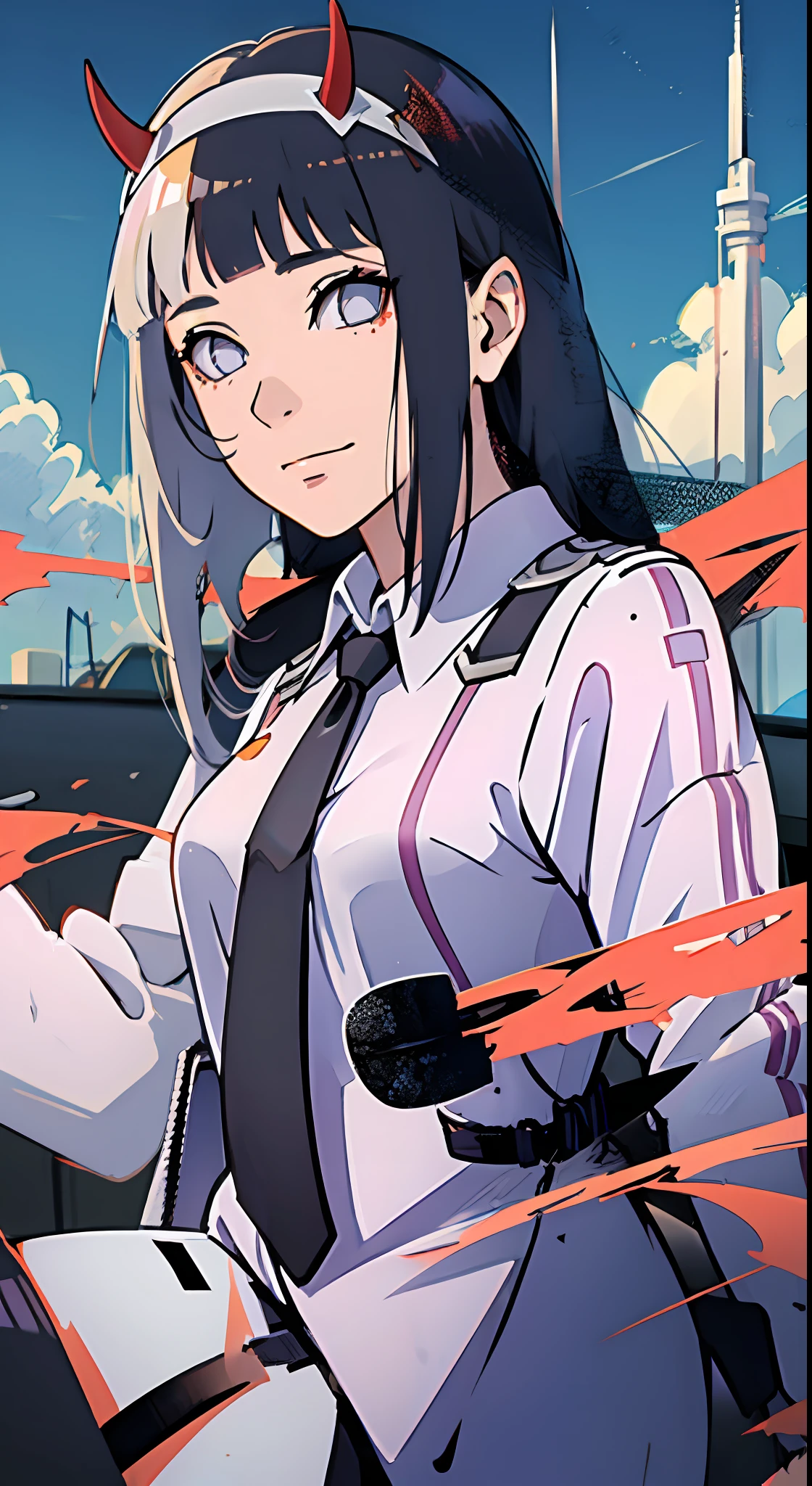 zero two, darling in the franxx, 1girl, water eyes, bangs, blunt bangs, medium breasts, closed mouth, cowboy shot, hair band, horns, leaning forward, long hair, looking at the viewer, tie, oni horns, orange tie, dark blue hair, red horns, smile, solo, standing, straight, cyberpunk background, white hair band, military clothing, best quality, detailed eye, detailed PNG, purple eyes, hinata as zero two