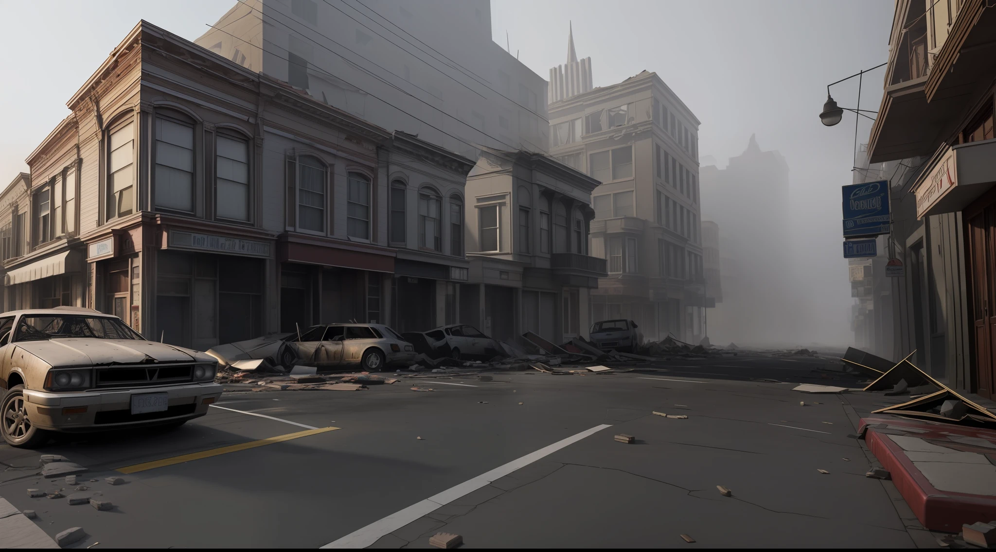Realistic San Francisco Collapsed buildings with crumbling buildings and debris-filled streets depicting the aftermath of destruction, cars covered in dust, very foggy weather, Ultra 8k, gray weather, realism, cinematic lighting, volumetric lighting, very detailed, background blur