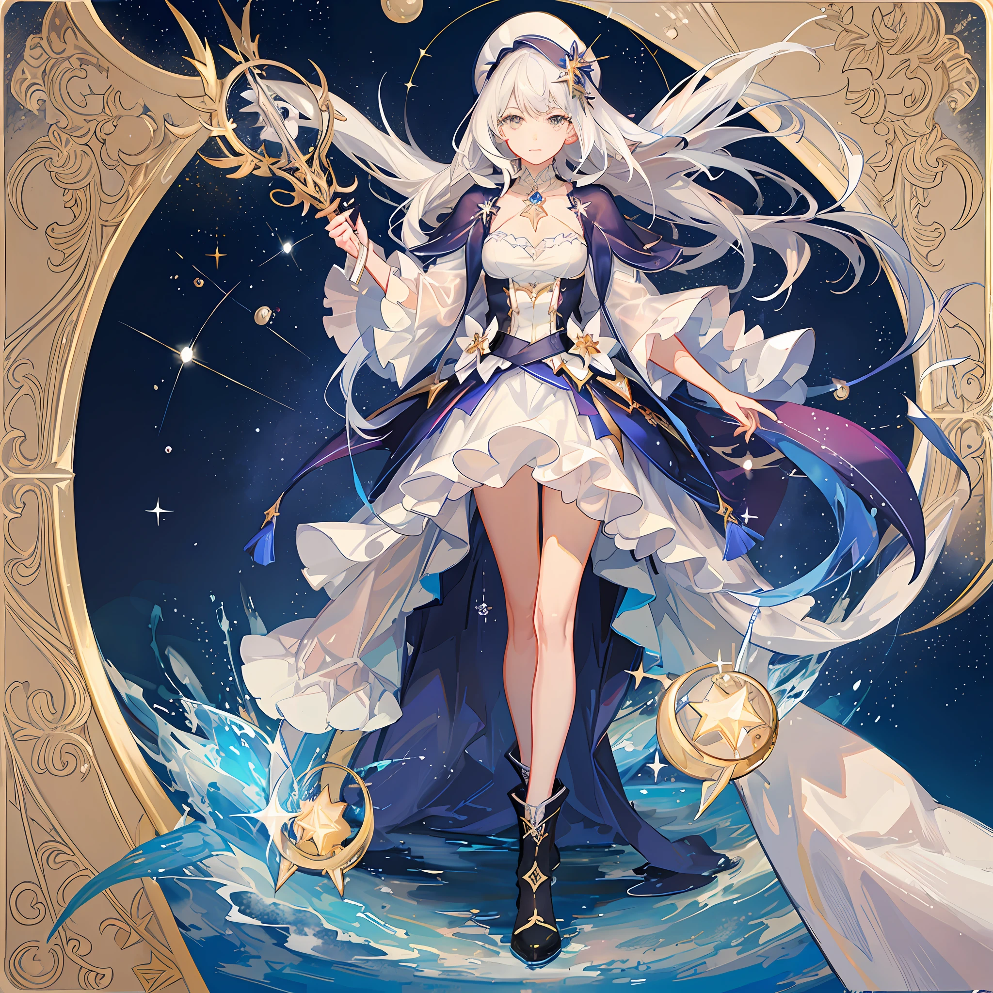 ((magical girl)), ((gorgeous starry sky background)), ((ultra-detailed)), ((best illustration)), ((cinematic lighting)), dynamic angle, floating, finely detailed, (glitter:1.2), (sparkle:1.2), (shine:1.2), classic, (painting:1.1), (sketch:1.1), (best quality), (masterpiece:1.2), (anime style), (solo), beautiful detailed face, (cute face:1.3), (big eyes:1.3), colorful hair, (long hair:1.2), (floating hair:1.2), (magical girl outfit), detailed outfit, (sparkling wand:1.3), (magical effects:1.3), (flowing skirt:1.2), (cute boots:1.1), (transparent fabric:1.1), (twinkle:1.2), (glow:1.2), (radiance:1.2), (flicker:1.2), (dazzle:1.2)