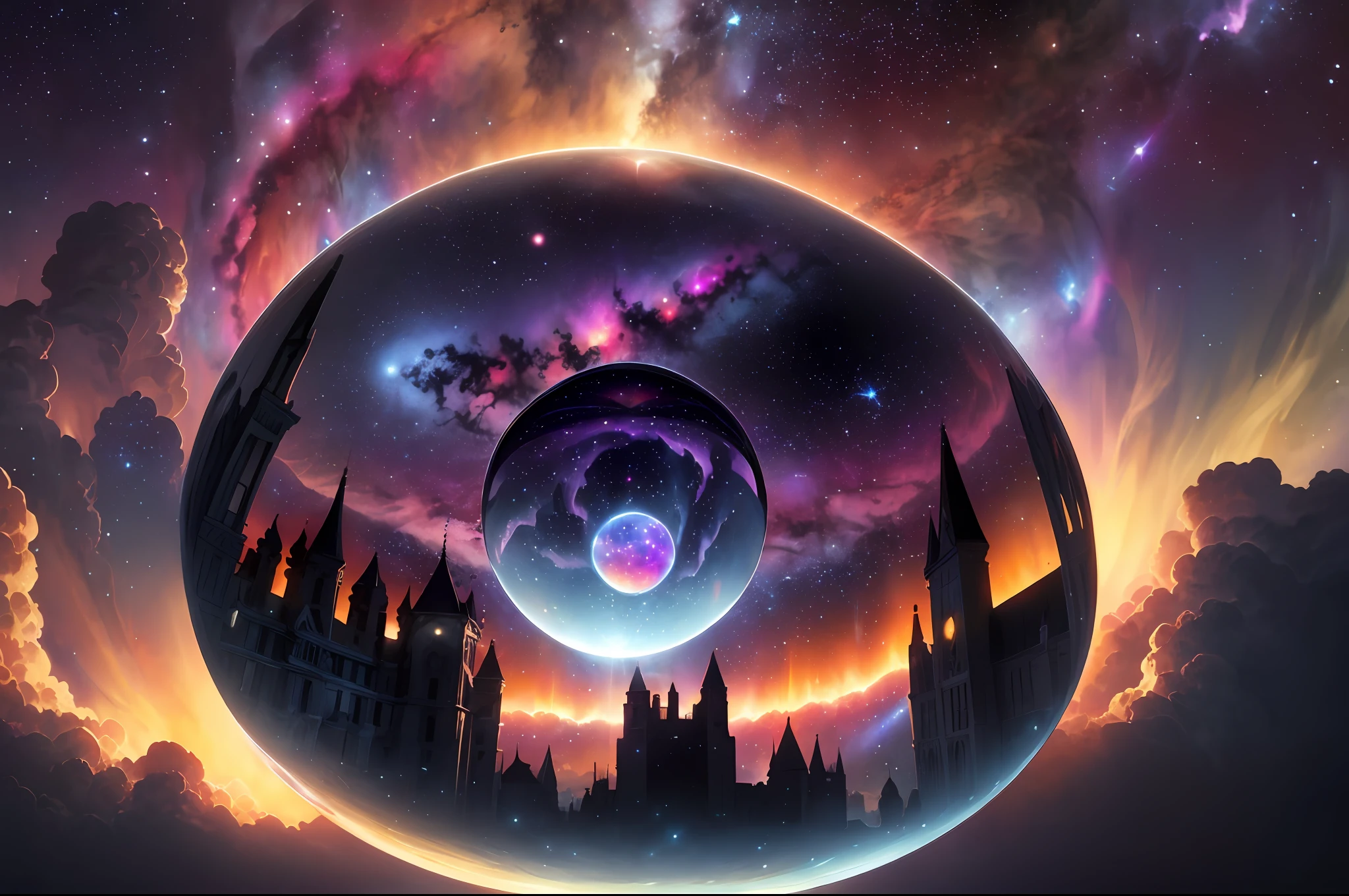 A giant mirror sphere floating in space (monumental Victorian-era city:1.3), flickering lights, (heaven like cloud fields surrounded by cosmos and nebulas:1.3), particles in the air, god rays, stardust in the background, intricate fractals, super detail, (illustration), masterpiece, high resolution, best quality.