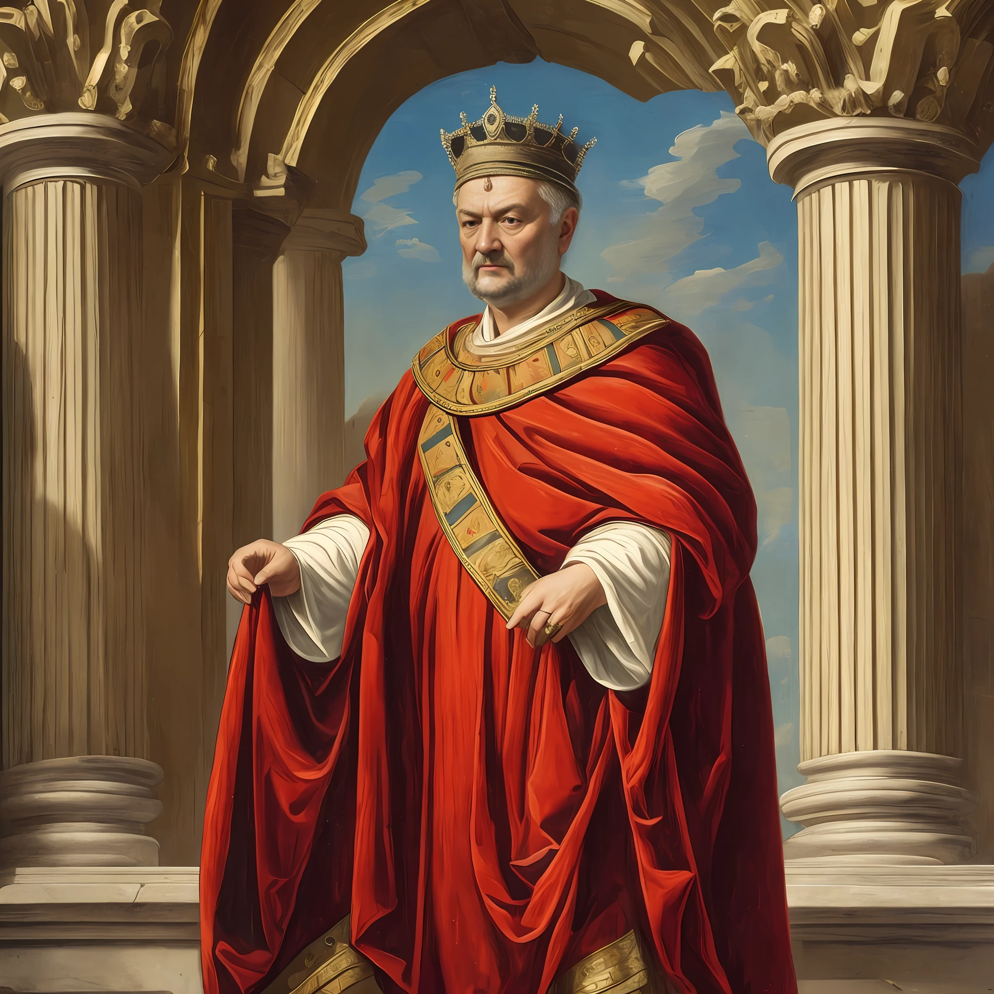 "Historical painting - royal portrait, Emperor Diocletian in royal robes, Pictish Toga, Paludamentum, Diadema, Palatine Tunic, in a majestic setting, with an air of grandeur and pride."