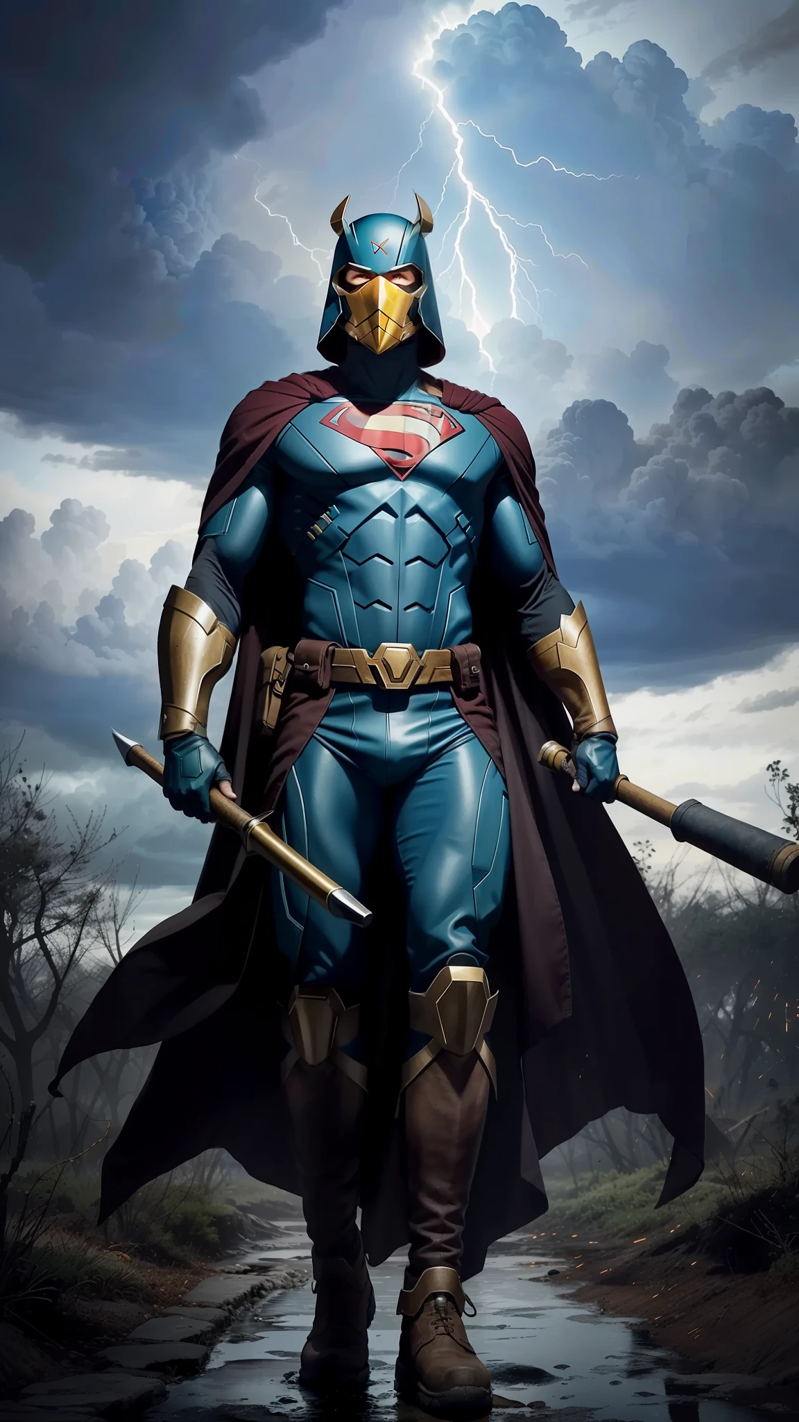 Name: **Storm**
Power: Ability to control the weather, generating rain, wind, snow, lightning and other meteorological phenomena.
Past: He was created by a tribe of nomads in the desert, who revered him as a god because of his power. One day, his tribe was attacked by a group of mercenaries who wanted to capture him and use him as a weapon. He managed to escape, but lost his family and friends.
Motivation: He uses his power to protect the innocent and fight injustices, especially those related to the environment and human rights. He believes that his power is a gift and a responsibility, and that he must use it for good.
Uniform: He wears a dark blue suit with white details, reminiscent of a cloud. He wears a mask that covers his eyes and part of his face, leaving his blonde hair exposed. He also wears a cape that moves according to the mood he creates.
Partner: He is part of a team of superheroes called **The Elementals**, which are made up of other individuals with nature-related powers such as fire, water, earth and air. They have come together to confront global threats and defend the planet.
Villain: His arch-enemy is **The Hunter**, a former mercenary who led the attack on his tribe and who became obsessed with capturing him. He wears technological armor that allows him to track and neutralize Storm's powers, as well as possess firearms and explosives.
Personality: He is a born leader, who inspires trust and respect in his allies. He is courageous, determined and selfless, always willing to sacrifice himself for others. He is also wise, peaceful, and spiritual, following the teachings of his tribe. He has a subtle sense of humor and a low-key charm. Your armor Of An unknown metal and your sledgehammer to destroy, create some Storms