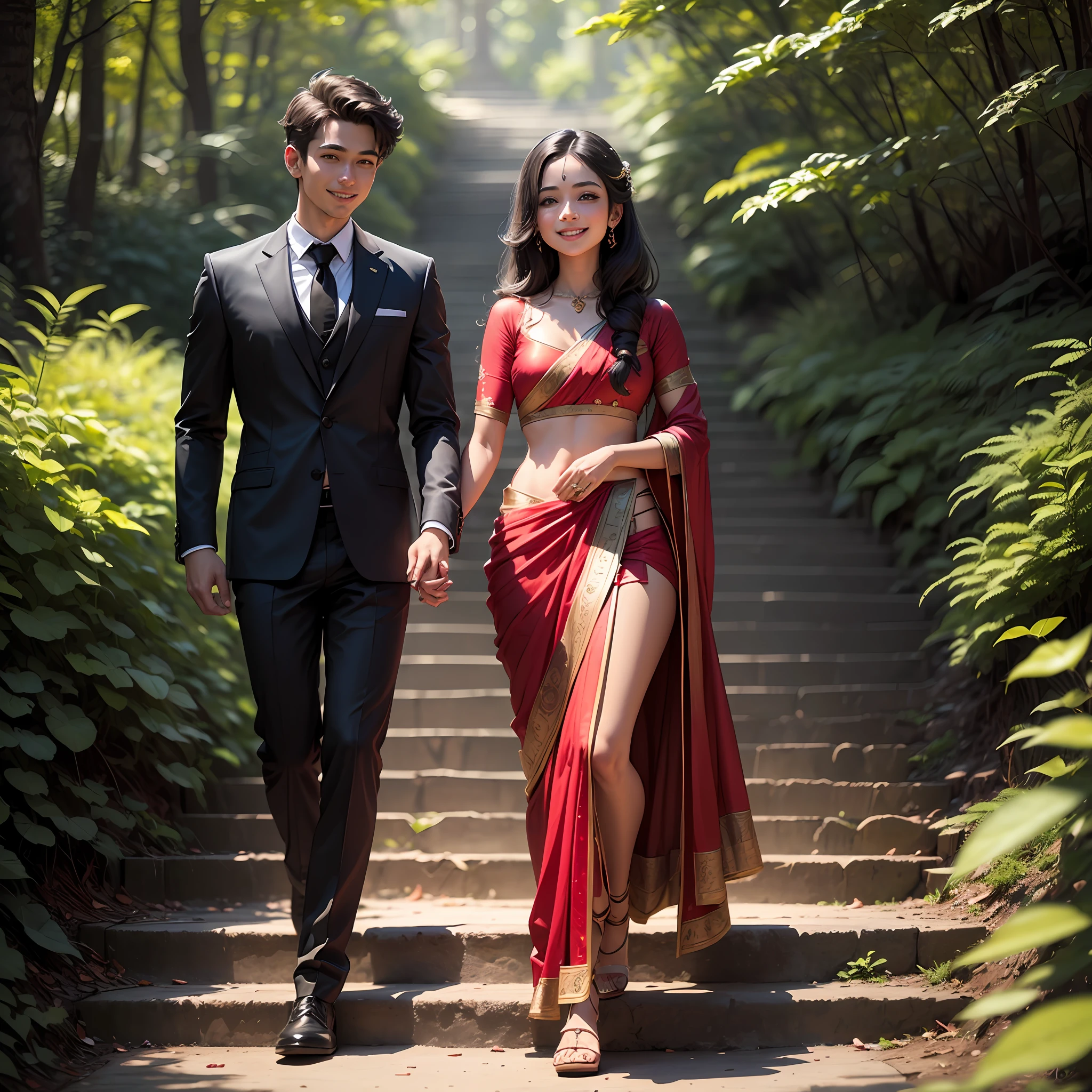 “A young handsome cute boy in black suit with cute pretty princess in beautiful red full sleeve saree and black blouse , walking on the stairs at the mountain in the forest,stair step ,awesome smiling face, talking, love atmosphere, 3d illustration, clear face , no finger cuts, clear hd 4k image, portrait, no finger cut, no leg cut, no hand cut.”