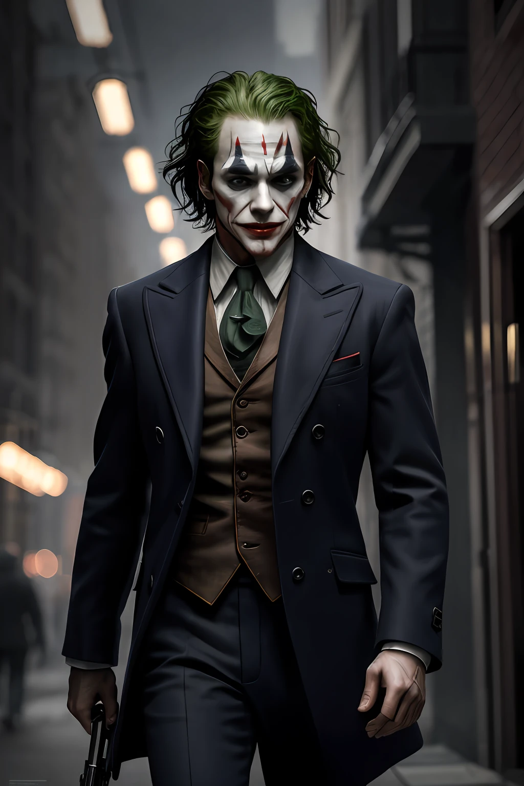 (8k, RAW photo, best quality, masterpiece:1.2), ultra detailed, official art, photo-realistic:1.37, upper body shot, DC Joker, film grain, action pose