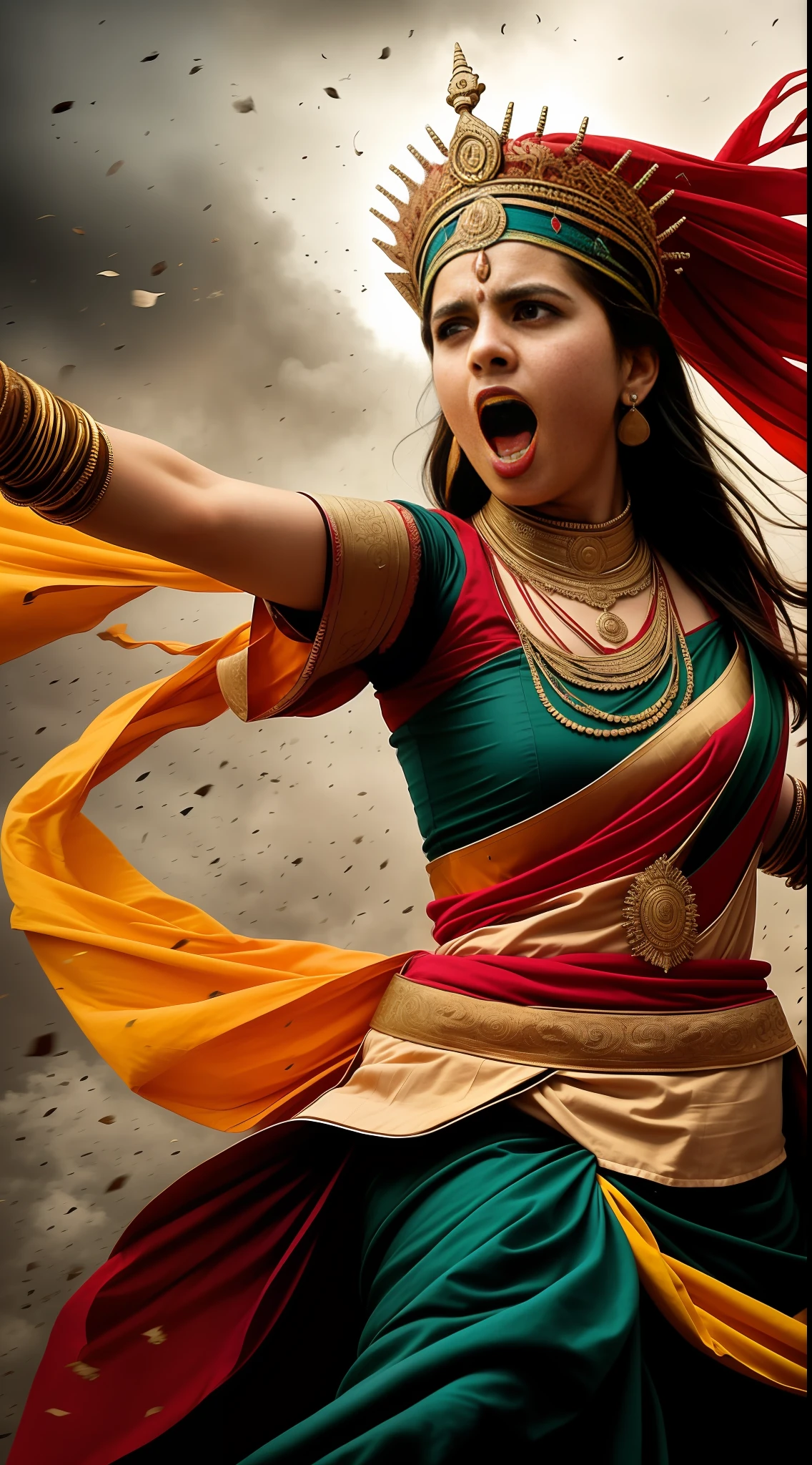(masterpiece, 8K, UHD, photo-realistic:1.3), Warrior Queen Rani Abbakka Chowta, resplendent in traditional 16th-century Indian battle attire, intricate armor, richly embroidered silk sari, commanding presence, leading her troops into battle, fierce and determined, (dramatic HDR lighting:1.2), emphasizing details and contrasts, battlefield of 16th-century India, swirling dust, vibrant colors, intricate weaponry, the clash of swords, war cries filling the air, intense emotion, dynamic angle, looking at viewer.