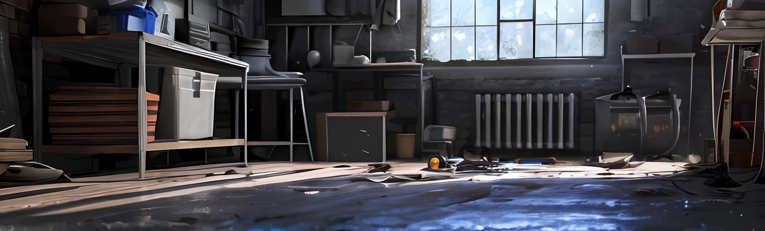 (high resolution, photorealistic, best quality, photorealistic), (8k, raw photo, best quality, masterplece), (photon mapping, radiosity, physical-based rendering, automatic white balance), real person, photography, messy garage, No_humans, shelves, scattered tools, _plant, Purple_flower, scenery, blue walls, lamp, scattered cloths, grease on the floor, car engine on the floor