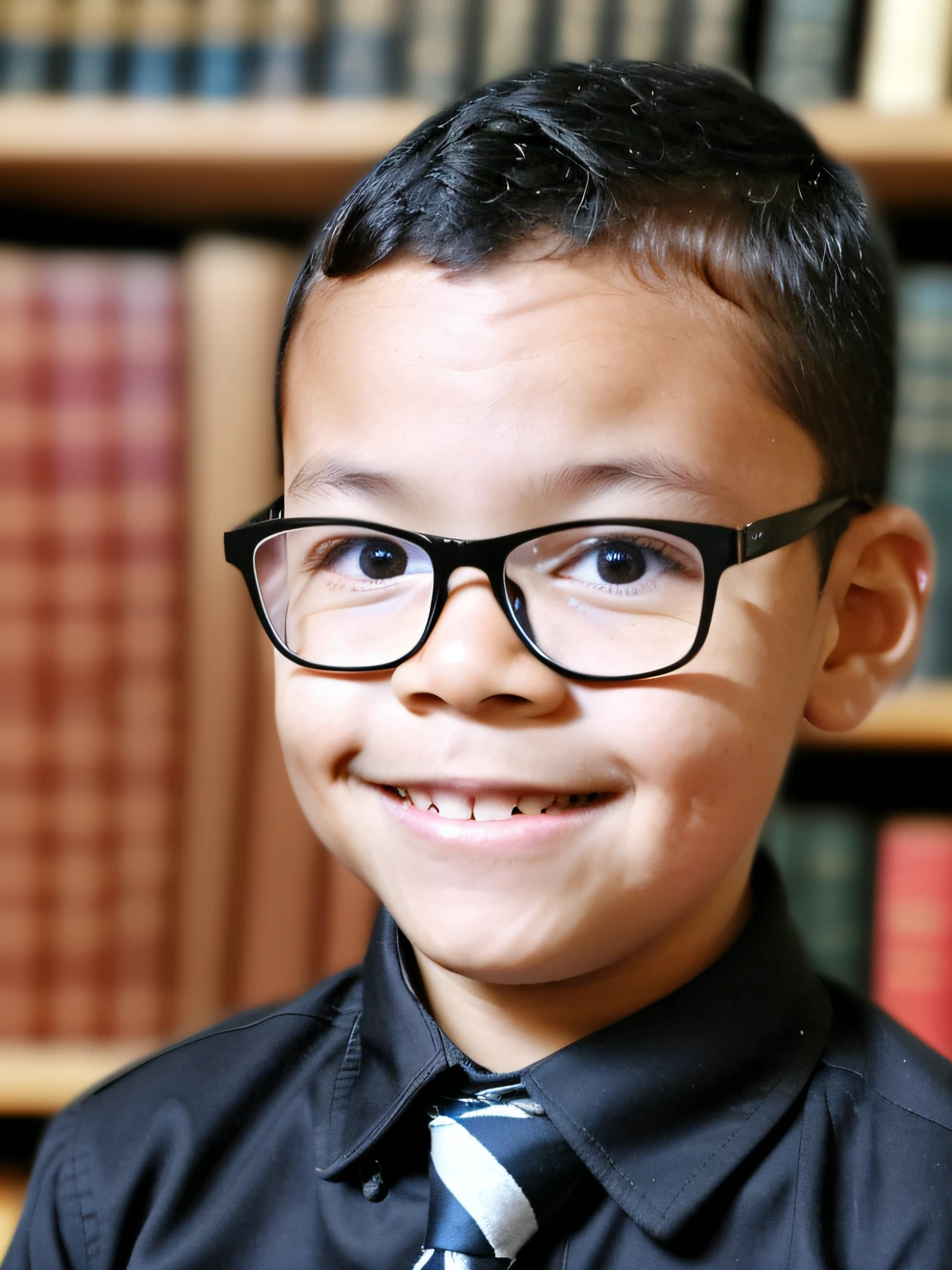 guttonerdvision6, realistic and award-winning portrait of a 3-year-old boy wearing glasses, with detailed face, skin and pores, brown eyes, hair with side machine cut, military style, gradient cut, realistic, wearing dress shirt and tie in a library setting, with background blur to give realism to the character, realistic, detailed, uhd, 8k