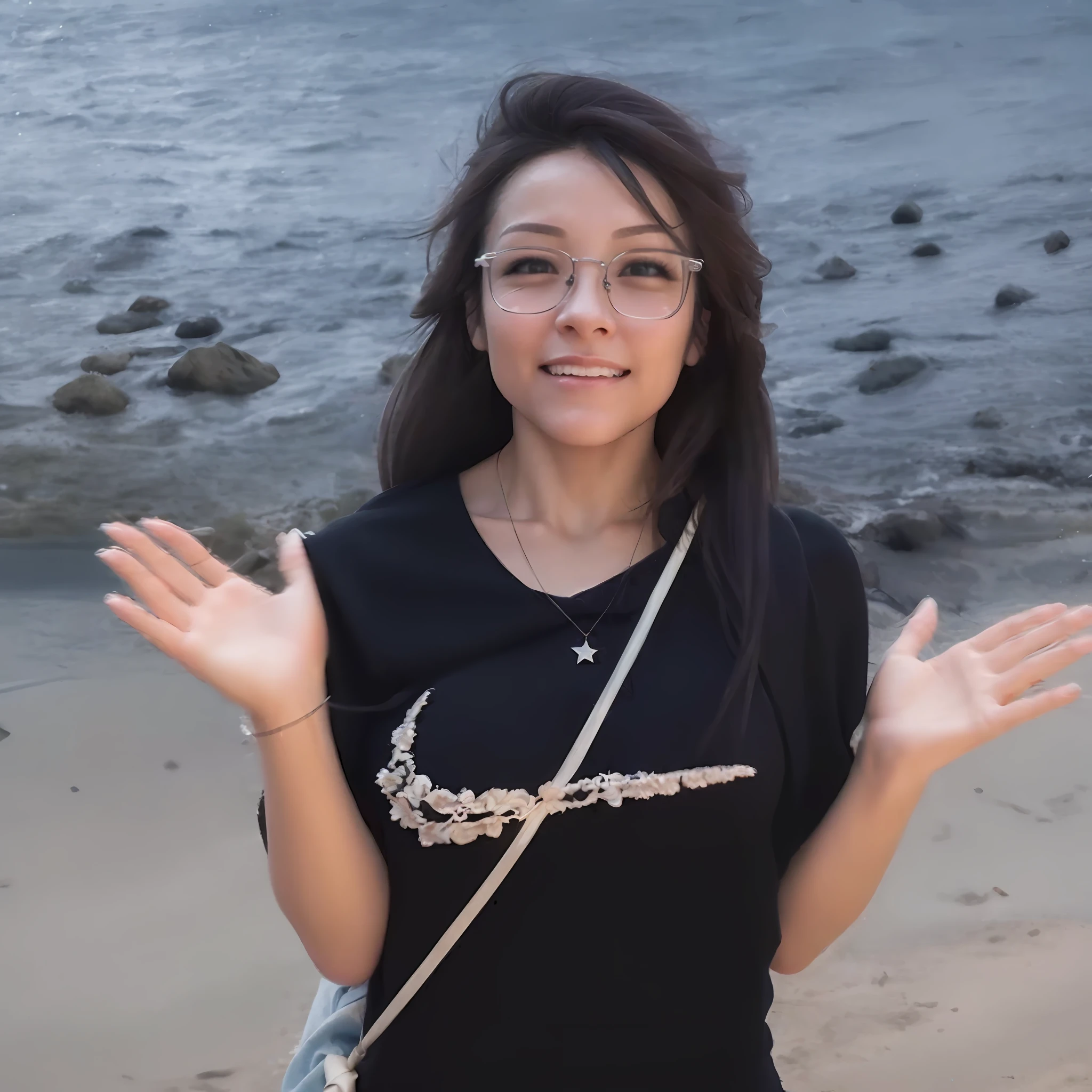 Best Quality, Masterpiece, High Resolution, 1girl, Smile, Glasses, Hair Accessories, Necklaces, Jewelry, Beautiful Face, Body, Tyndall Effect, Realistic, Dark Studio, Edge Lighting, Bitone Lighting, (High Detail Skin: 1.2), 8K UHD, DSLR, Soft Light, High Quality, Volumetric Light, Voyeur, Photo, High Resolution, 4K, 8K, Background Blur, Medium Breasts, (Light Pink Lips), Ultra High Resolution, 4K