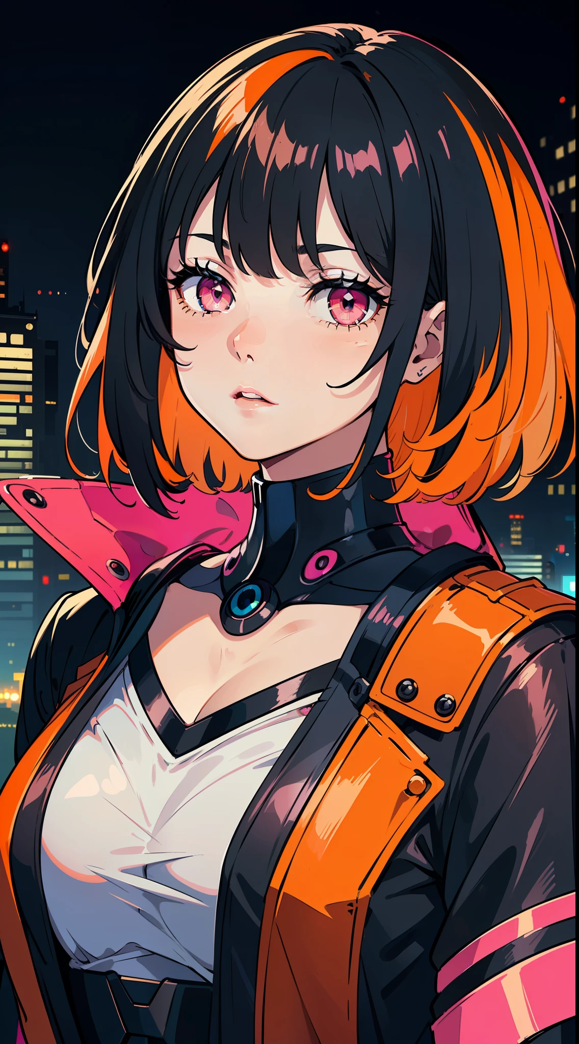 (masterpiece, best quality), ((1girl, (mature)), (black hair, short hair, hair with bangs, hair with orange stirs, beautiful hair), (pink eyes, beautiful eyes, eye highlights, sharp eyes)), (simpler background, dark background, city background), (highres, chromatic freak), cyberpunk clothing