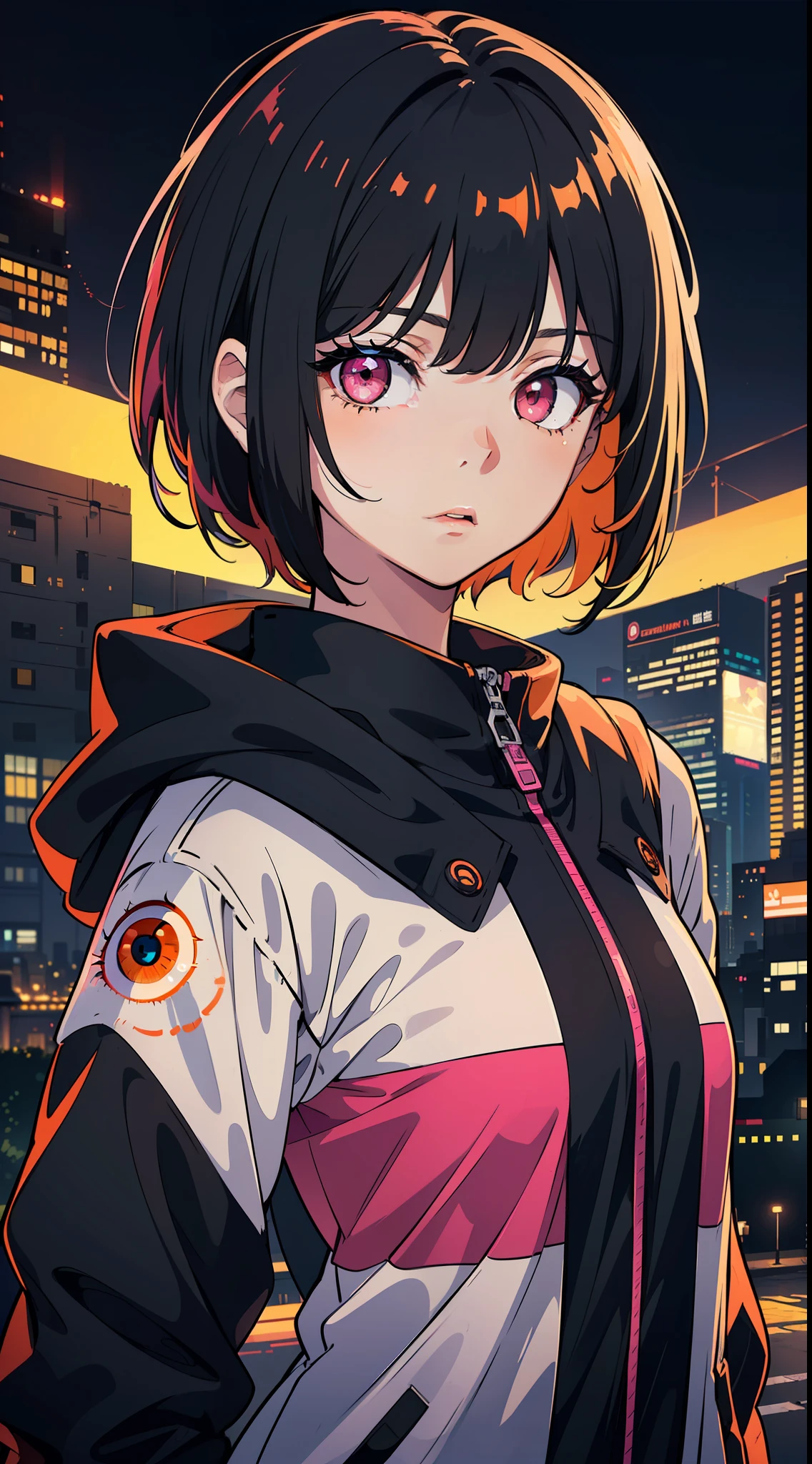 (masterpiece, best quality), ((1girl, (mature)), (black hair, short hair, hair with bangs, hair with orange stirs, beautiful hair), (pink eyes, beautiful eyes, eye highlights, sharp eyes)), (simpler background, dark background, city background), (highres, chromatic freak), cyberpunk clothing