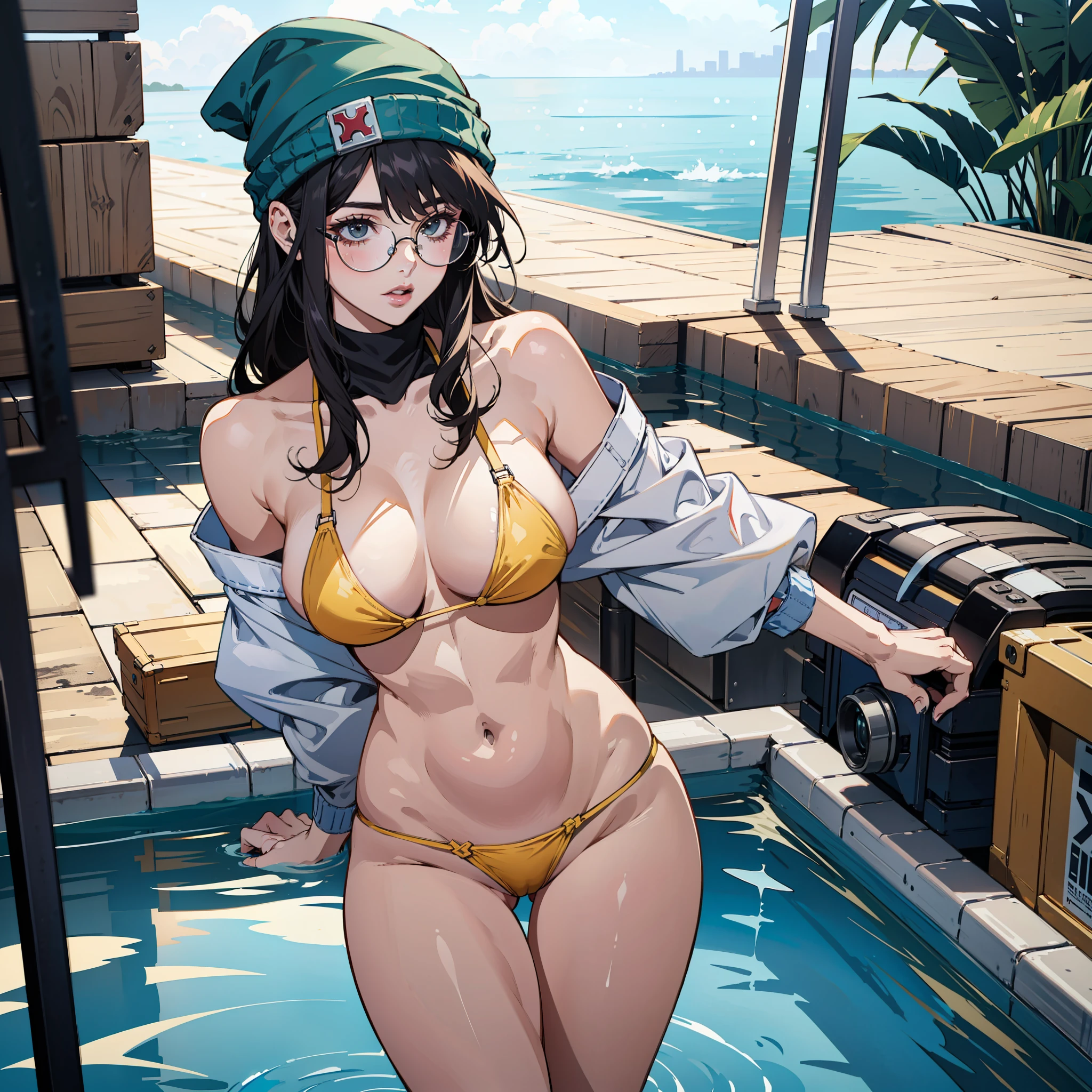 (masterpiece),(best quality:1.0), (ultra highres:1.0), detailed illustration, 8k, 1girl, Killjoy(valorant), Valorant, black eyes, green beanie, pool side, big breasts,
yellow micro bikini, glasses, busty, standing, thick thighs, micro bikini, best quality, detailed