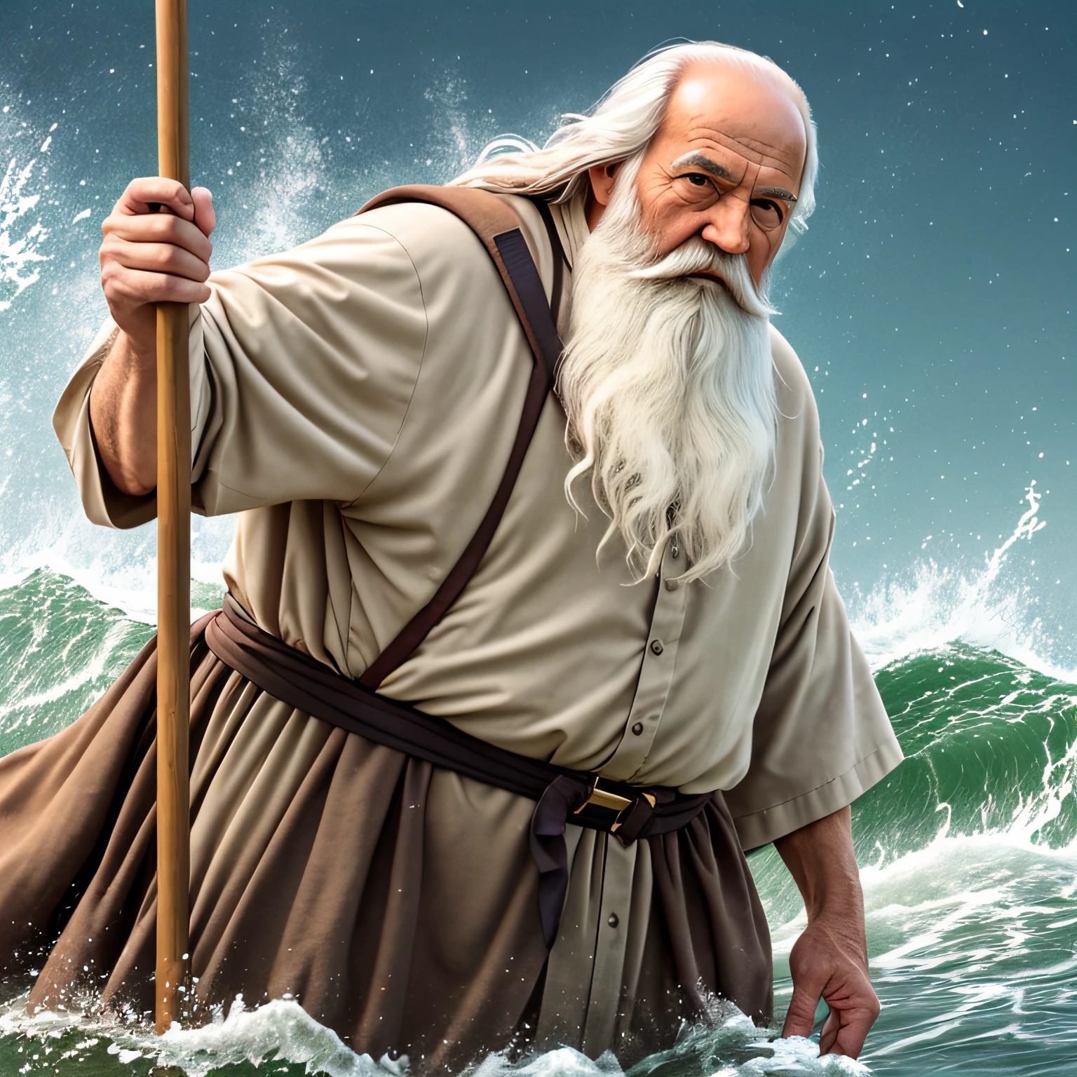 create an image based on the Bible character Moses. The character should have the appearance of a 90-year-old person, relatively long hair and white beard, with staff in his right hand, rough sea behind. 8k, uhd, severe low lighting, high quality, sharp focus, fujifilm XT3 --auto --s2