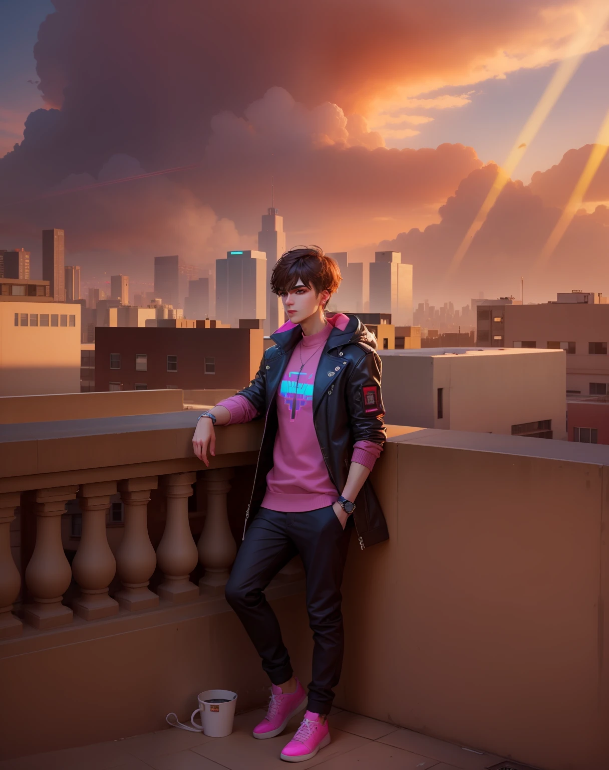 Improve face, straight hair, pink sweater, cyberpunk, change buildings, teclogical city, elegant, handsome boy in bangs, bangs