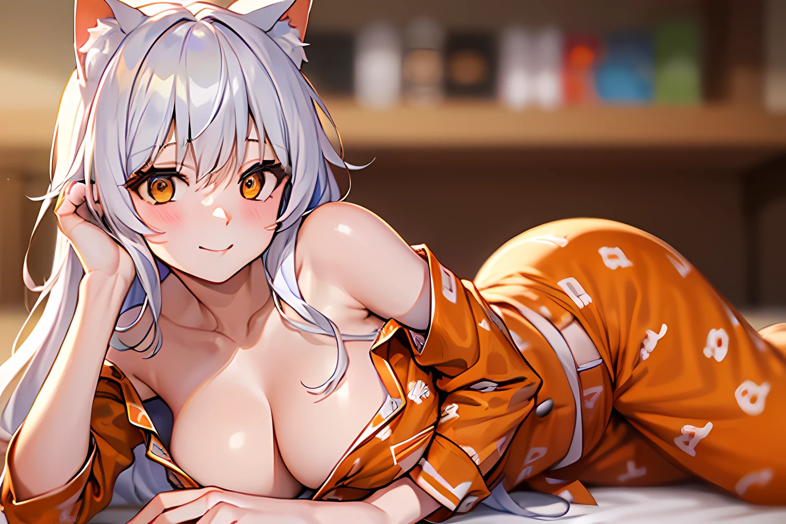 Masterpiece, best quality, 1 girl, smile, sexy, closed mouth, detailed face, beautiful face, dramatic illuminatiation, epic, Hanekawa Tsubasa, long hair, white hair, yellow eyes, cat ears, orange pajamas, unbuttoned shirt with neckline, unbuttoned shirt, neckline, orange pajamas with long pants, large breasts, slim abdomen, marked, neckline, light orange pajamas, shirt falling from shoulder, no bra,  nipple marking on blouse, headlight on, shoulder exposed, lying with abdomen up, belly up, shirt unbuttoned, areola escaping from blouse, breasts almost out, whole body