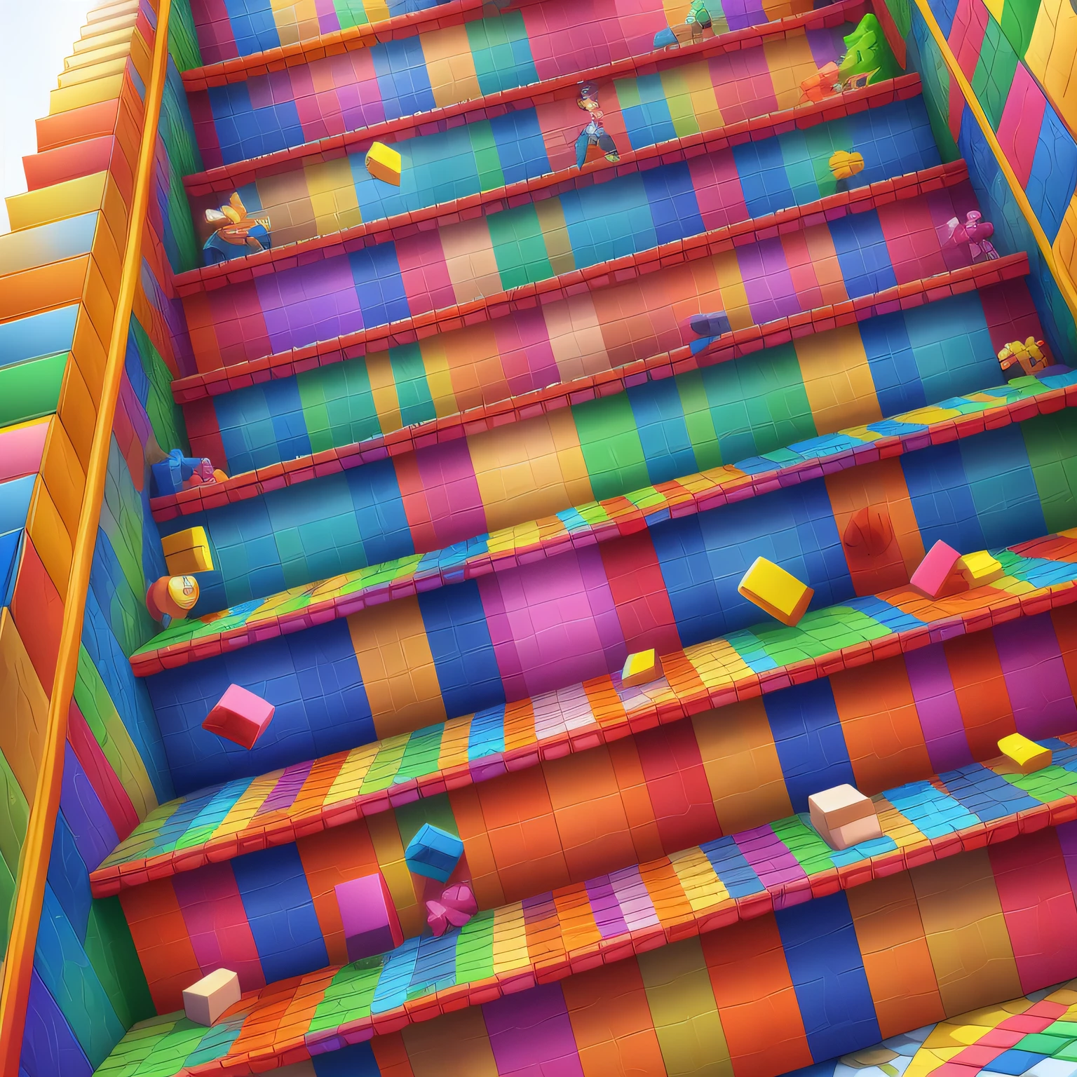 Imagine an exciting close-up of a staircase made of colorful puzzle pieces, apply shades of blue, with a bright white background. Each puzzle piece is unique and vibrant, creating an explosion of colors and textures. The building blocks, inspired by tetris, fit together perfectly, forming an intriguing and captivating image. In the background figures and piles of cubic blocks, all of them representing the diversity of challenges and opportunities that present themselves along the way. Each stacked image represents a stage of the journey, symbolizing the integration of each piece of the puzzle to achieve the ultimate goal. Within this visually stimulating composition, you can see a determined child climbing the blocks of the stairs. His face is full of enthusiasm and curiosity, determination to overcome every obstacle. The presence of the child adds a touch of innocence and inspiration to the scene. This graphic illustration rendered in high quality is an invitation to dive into a world of possibilities. The colorful cubes and the child creates a playful and charming atmosphere, where each stage of the journey is cause for celebration, an image that awakens the imagination and the will to overcome challenges, this highly rendered composition offers a dose of motivation and fun