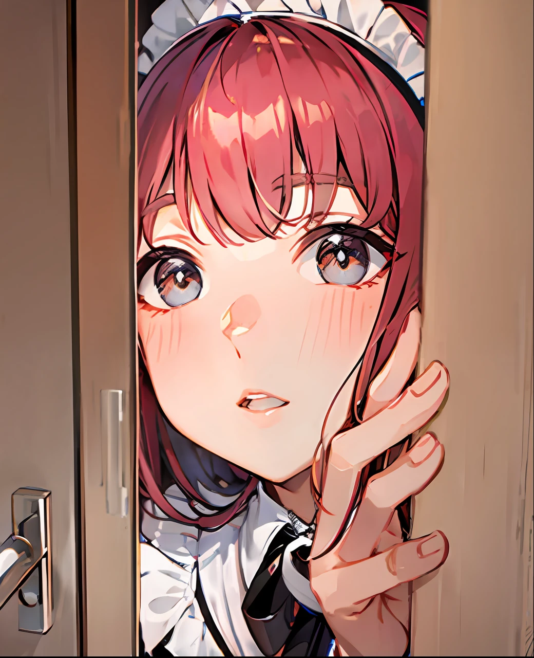 maid peeping through semi closed door, surprised face, juicy lips, herat eyes