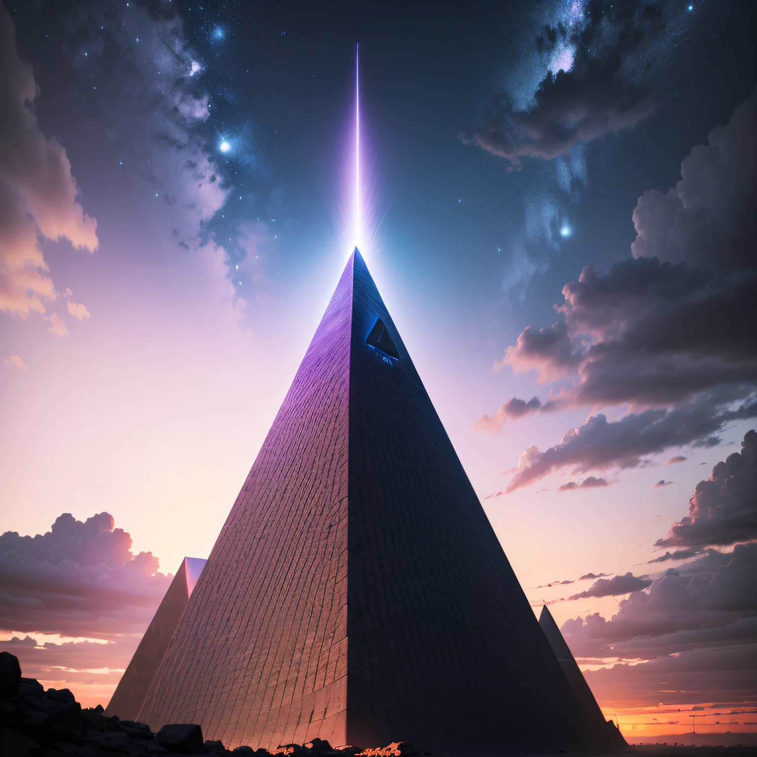 Technological futuristic white pyramid releasing a beam of purple light from the top of it that goes towards the sky --auto