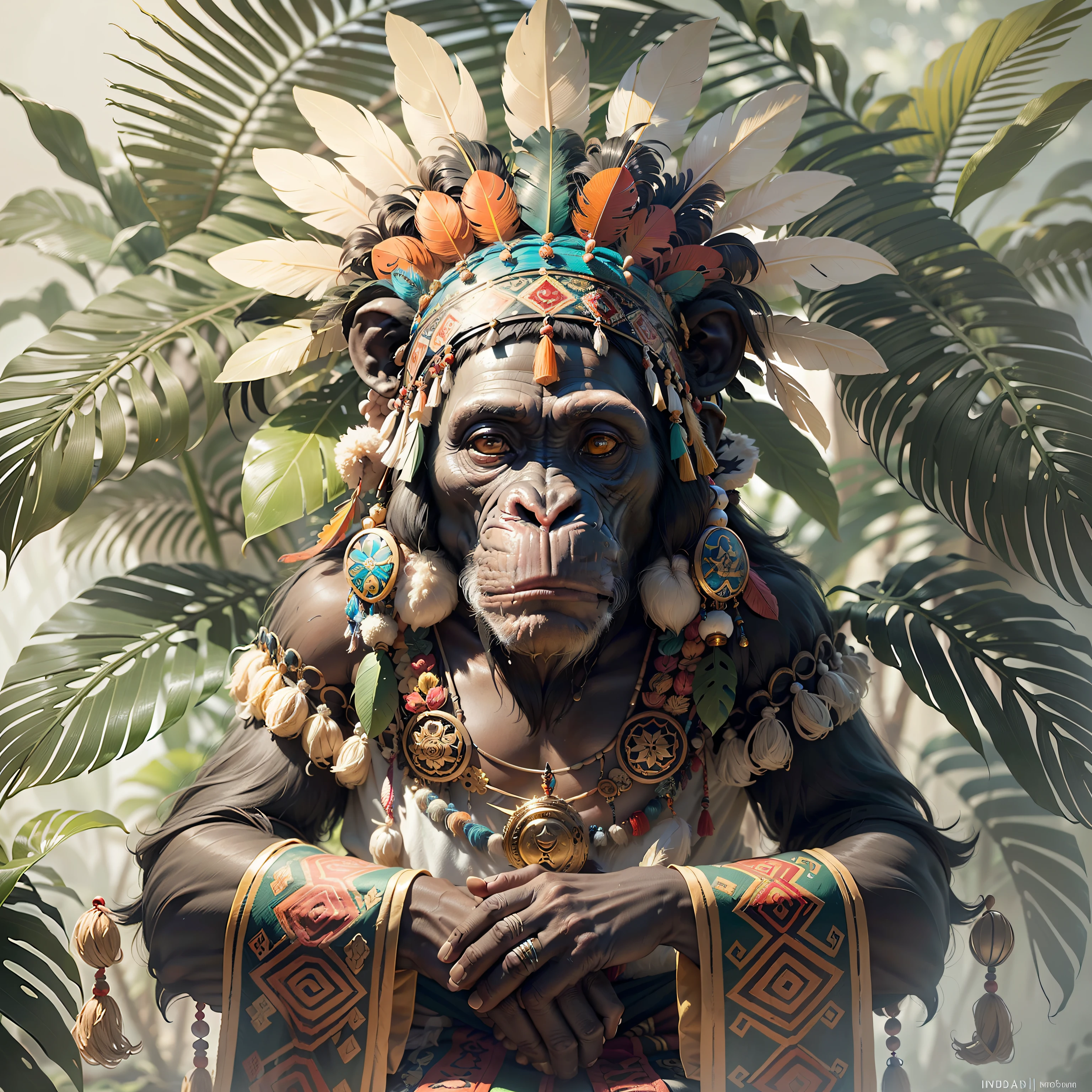Chimpanzee Head ((Shaman)),,((meditative state),,Shaman, elegant chimpanzee, hair with details, with Indian headdress on head, ((meditating)) many colorful feathers, colorful feathers, facing the camera, detail: dense tropical foliage, highly detailed intricate, ((masterpiece)), ultra hyperrealistic, masterpiece