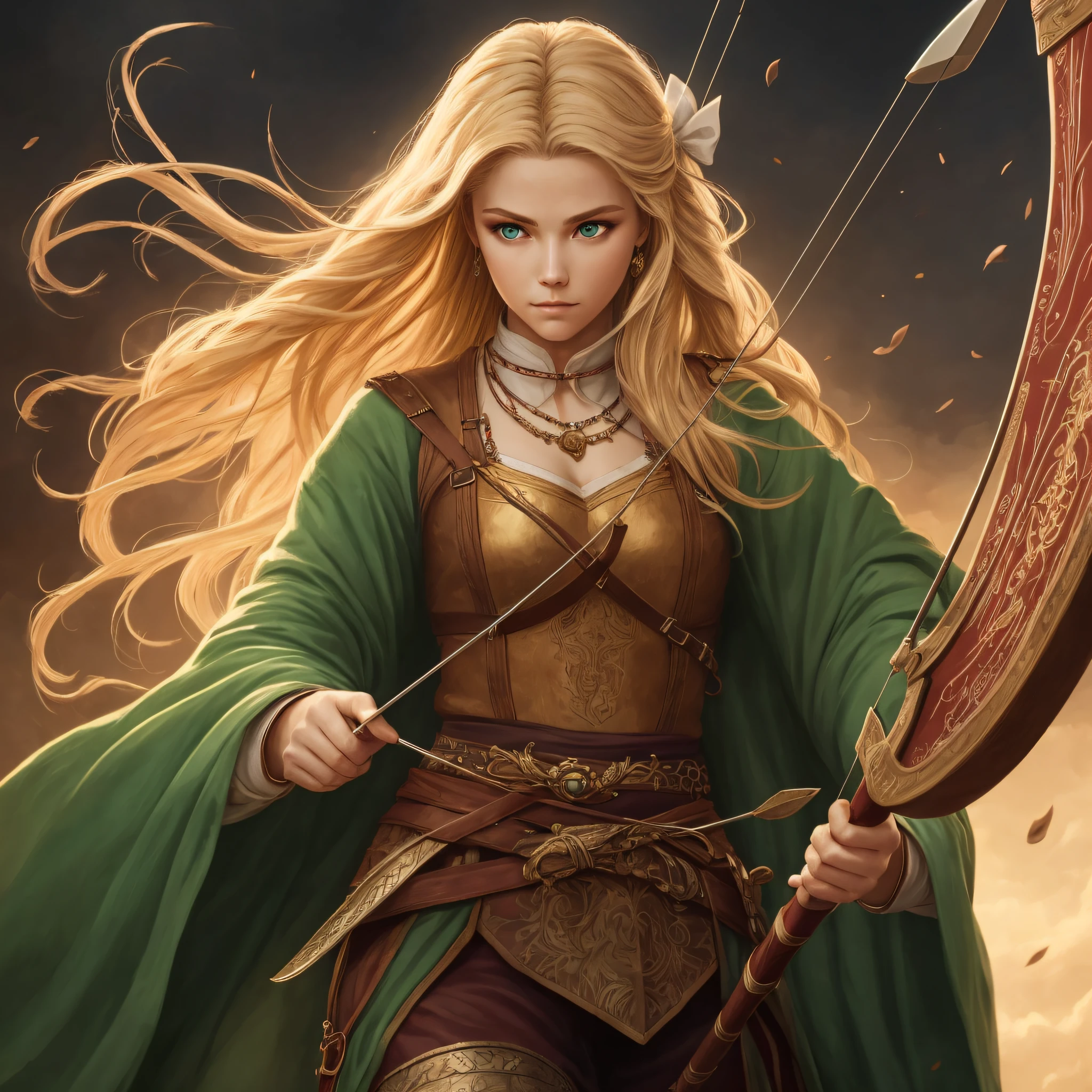 Illustration of an archer warrior princess, with bow and arrow, 8k of a beautiful blonde hair, elegant clothes, highly detailed, majestic, digital photography, wistful art art, grimm wood ,surreal painting , masterpiece , side lighting, beautiful green eyes indirectly detailed: 1.2 ), hdr, --auto