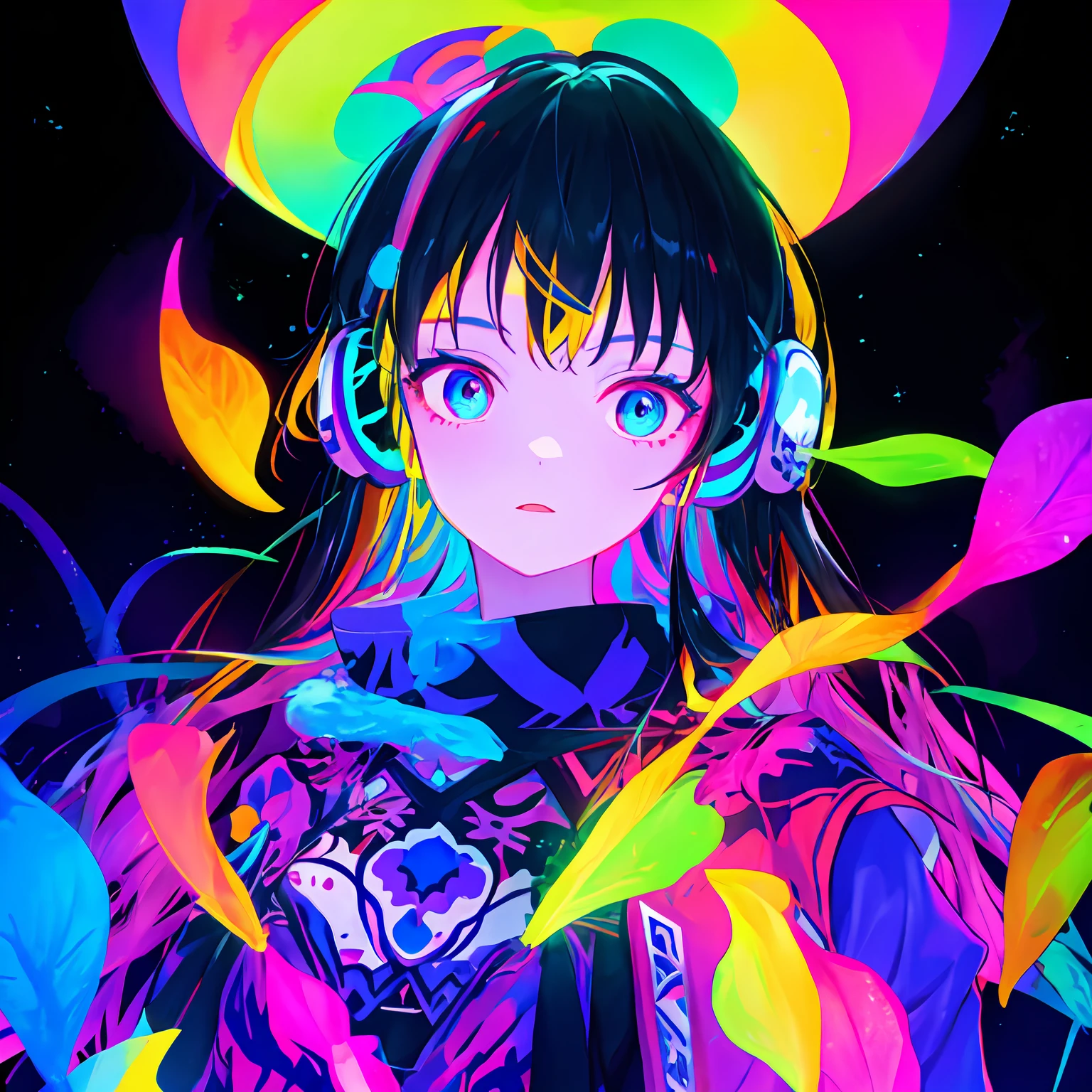 multicolored, 1girl, night, dark, black hair, looking at audience, upper body, facing audience, limited color palette, bright background, glowing background, light effects, headphones, singing,