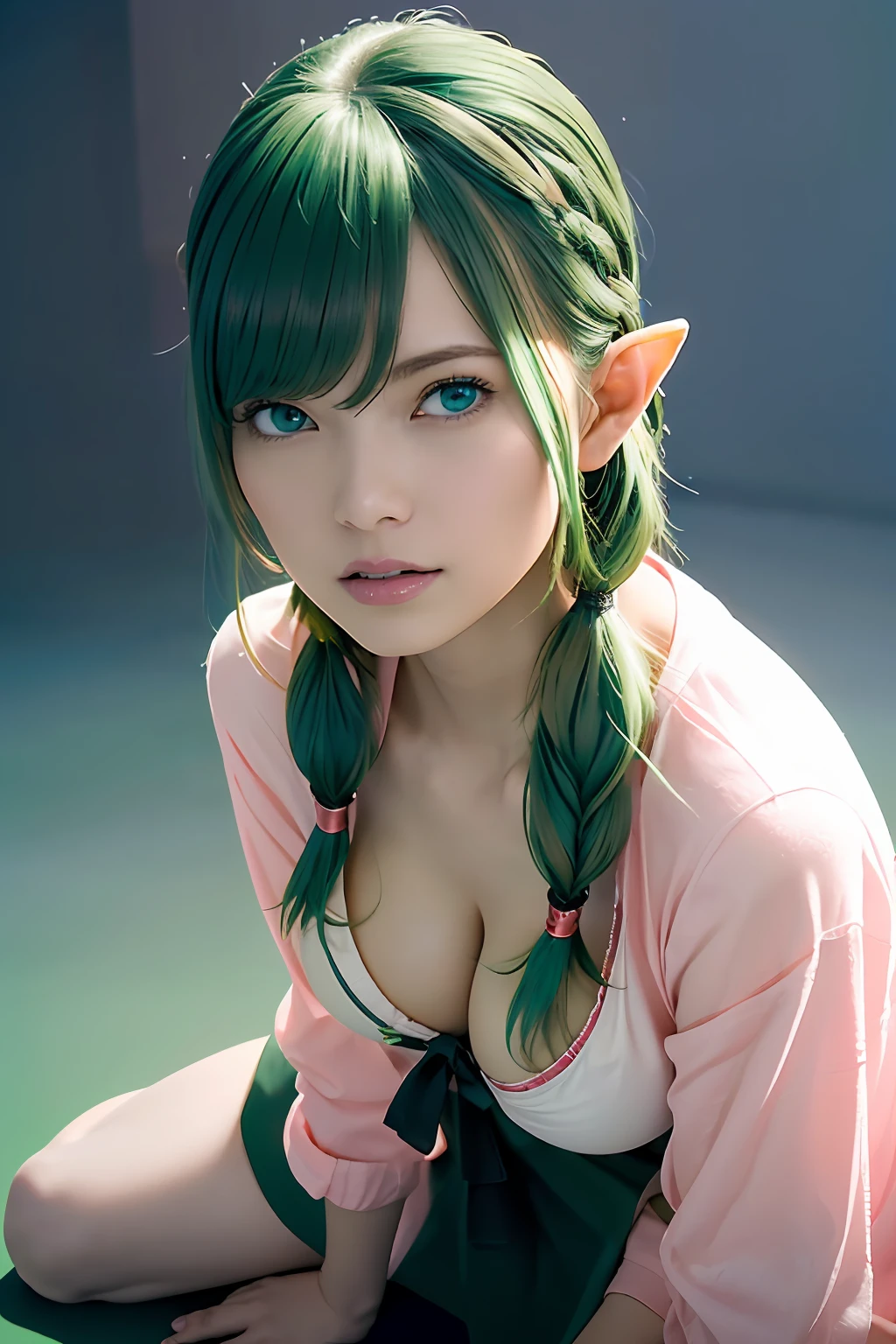 Super detailed complex 3D rendering of face, (big breasts: 8.8), (masterpiece, top quality, octane rendering,), glamour shots full body image, very beautiful young elf, cleavage, (very detailed skin: 1.2), (exposure: 1.1), cute woman getting naked. ((wearing a plummeting open shirt of white silk: 1.9, 40k, (((very soft breasts)), ((conspicuous large pink areola)). Beautiful Caucasian woman with black skin with full soft breasts and black skin of big ass, one, long braided hair, big breasts, dynamic angle, mystical expression, ultra-realistic photo, (((portrait)))), bare feet, futuristic city background, facial muscles, detailed and beautiful gold crown, in the style of Marvel Comics, ArtStation trends, clear focus, studio photography, intricate detail, highly detailed, detailed blue eyes, very detailed, sharp focus, digital rendering, professional, abs, dark grey background, (((green hair)), crotch, bare feet,