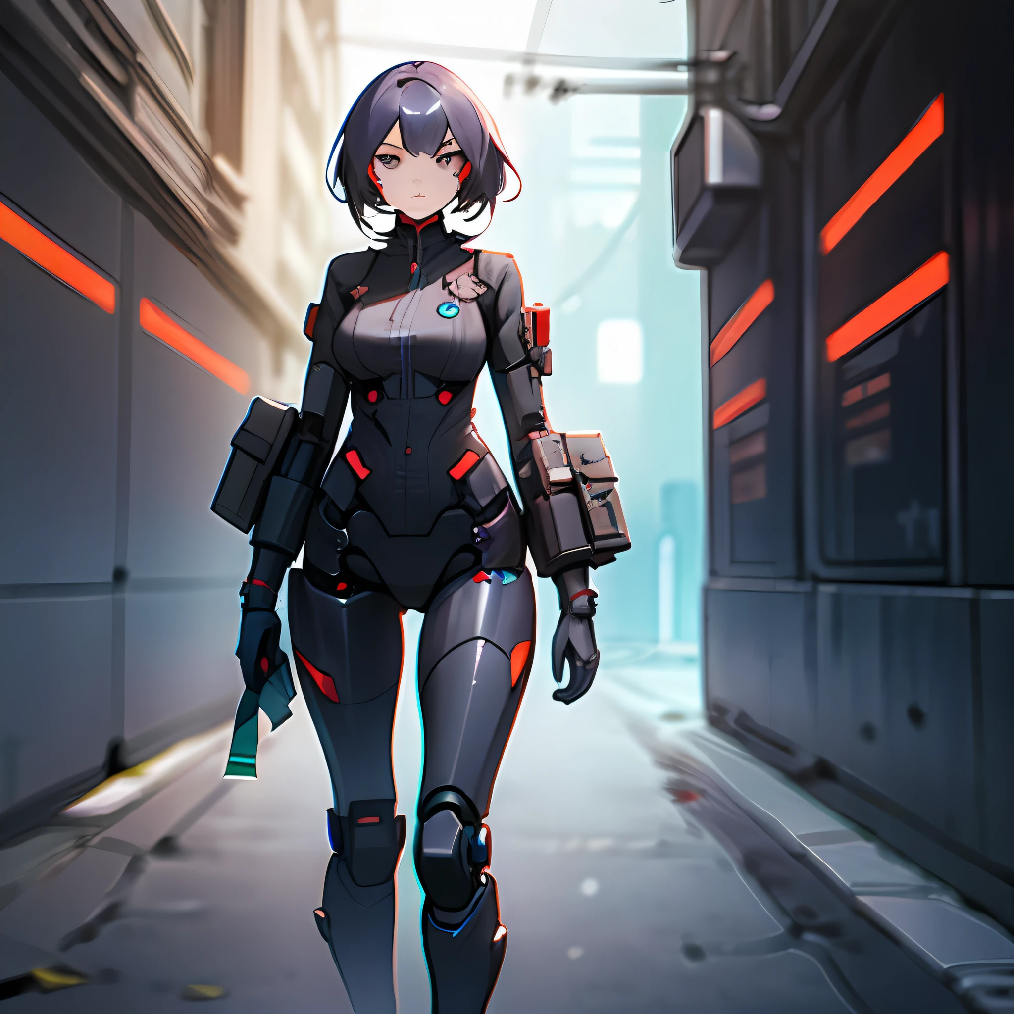 Broken female nanny robot, cyberpunk, visual novel, character assets