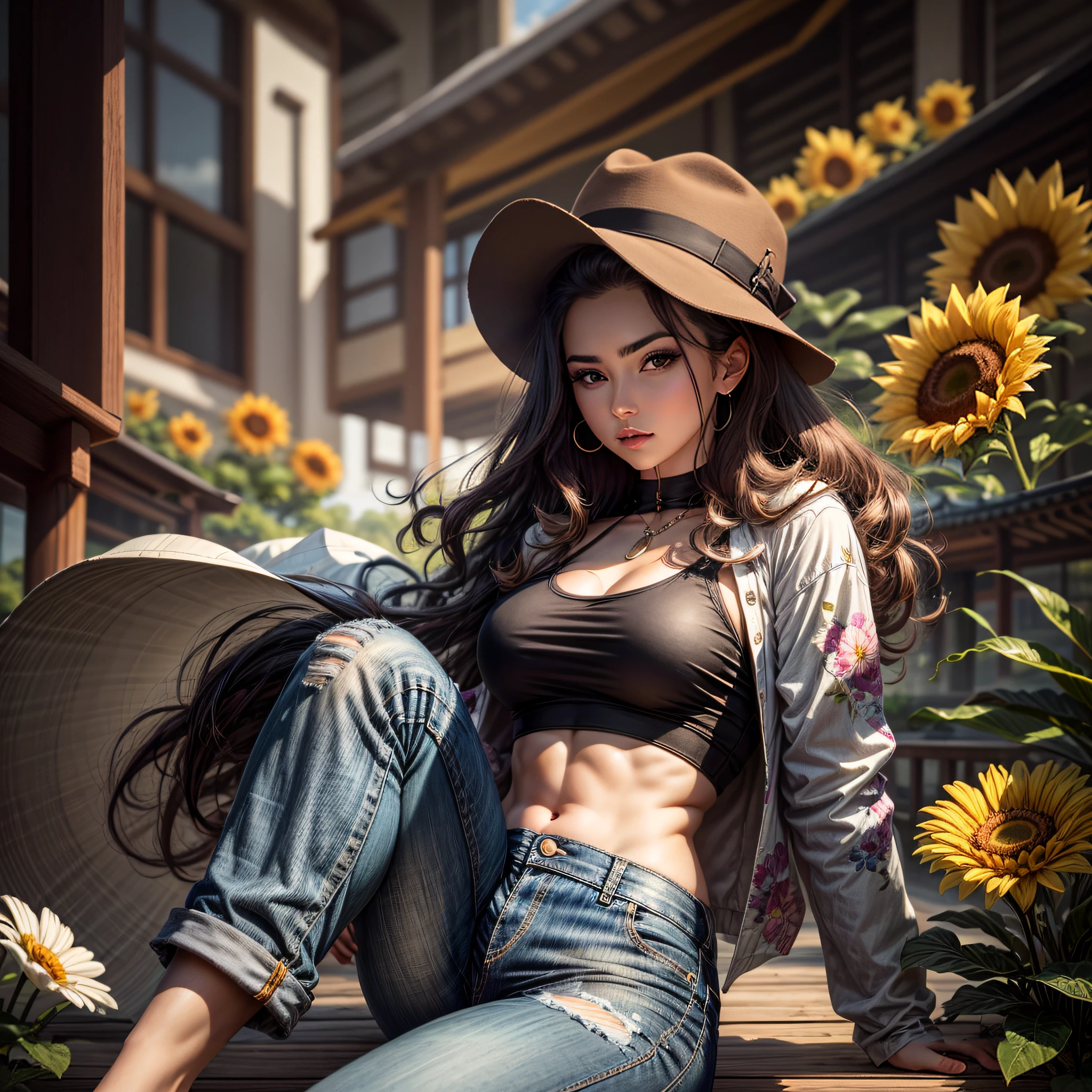 araffe woman sitting on a wooden deck with a hat and sunflowers, with abs, crop shirt and strong abs, beautiful midriff, attractive body, fit girl, abs, ripped clothing, sexy girl, [ rigidly defined abs ]!!, photo of slim girl model, ripped, casual photography, highly realistic photo, style of beautiful body