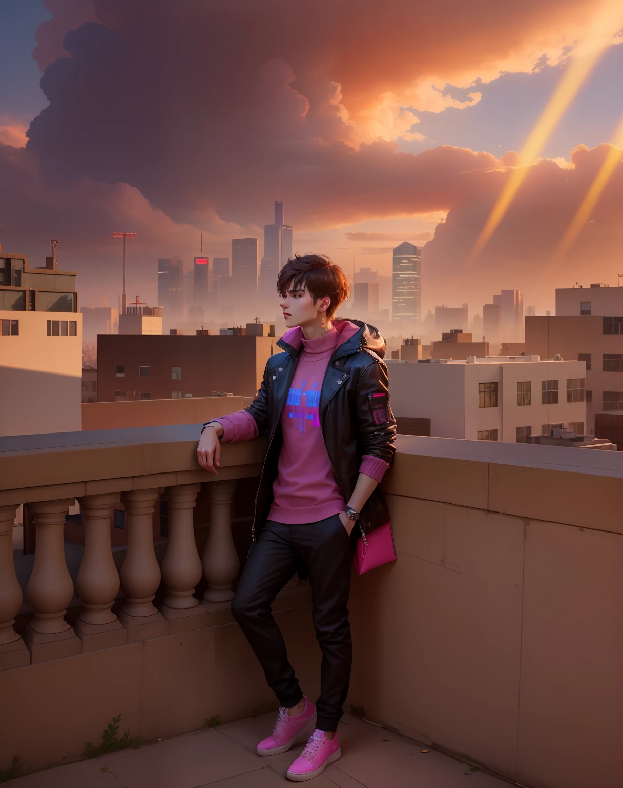 Improve face, straight hair, pink sweater, cyberpunk, change buildings, teclogical city, elegant, handsome boy in bangs, bangs