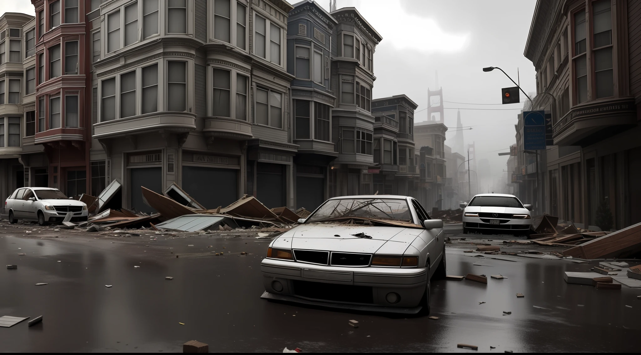 Realistic San Francisco Collapsed buildings with crumbling buildings and debris-filled streets depicting the aftermath of destruction, cars covered in dust, heavy rain weather, Ultra 8k, gray weather, realism, cinematic lighting, volumetric lighting, very detailed, background blur