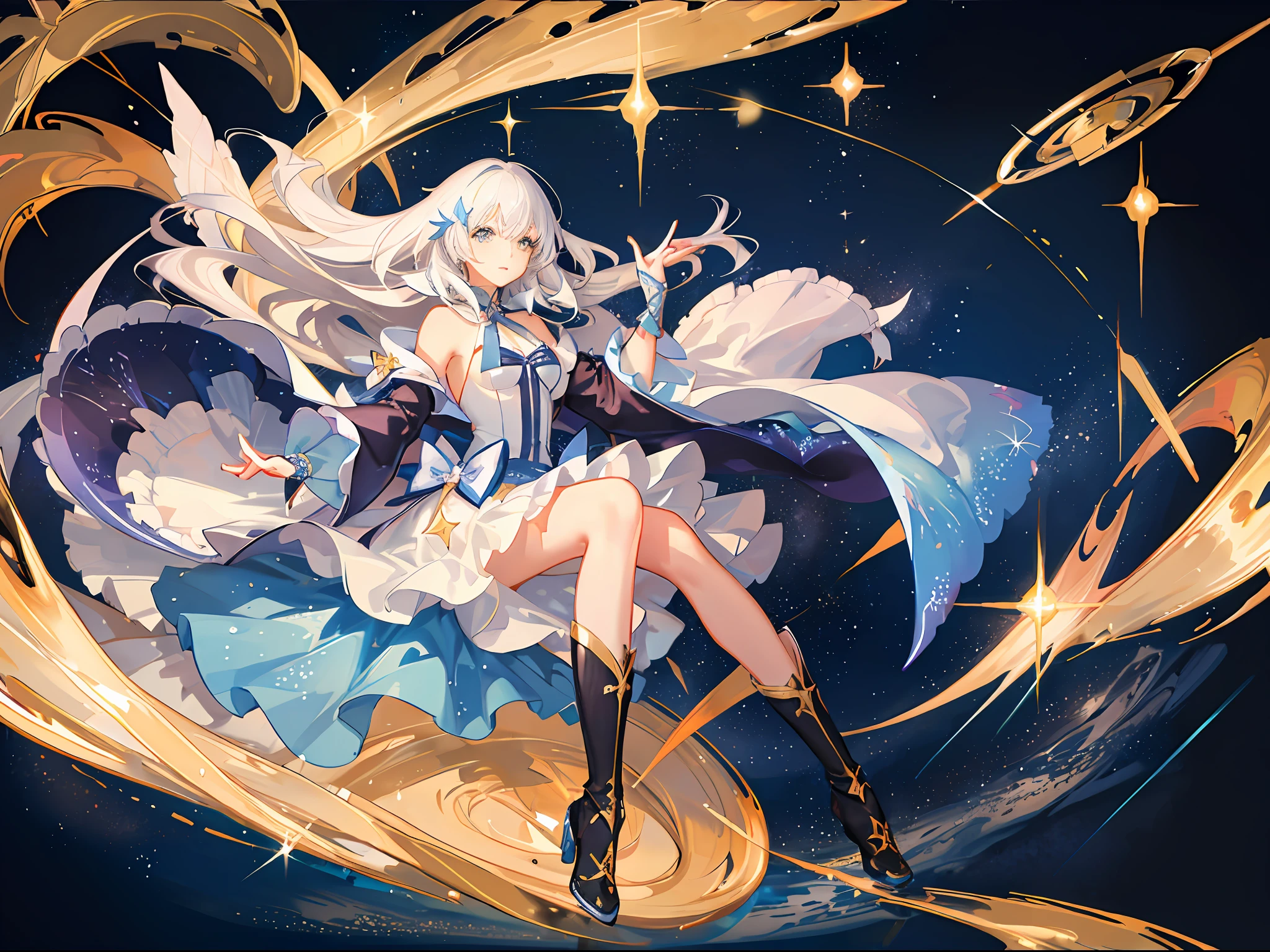 ((magical girl)), ((gorgeous starry sky background)), ((ultra-detailed)), ((best illustration)), ((cinematic lighting)), dynamic angle, floating, finely detailed, (glitter:1.2), (sparkle:1.2), (shine:1.2), classic, (painting:1.1), (sketch:1.1), (best quality), (masterpiece:1.2), (anime style), (solo), beautiful detailed face, (cute face:1.3), (big eyes:1.3), colorful hair, (long hair:1.2), (floating hair:1.2), (magical girl outfit), detailed outfit, (sparkling wand:1.3), (magical effects:1.3), (flowing skirt:1.2), (cute boots:1.1), (transparent fabric:1.1), (twinkle:1.2), (glow:1.2), (radiance:1.2), (flicker:1.2), (dazzle:1.2)