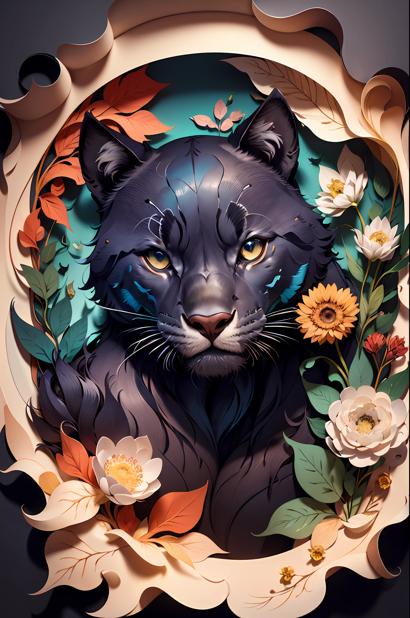 ((masterpiece)))), bestquality, illustration, beautifuldetailedglow, paper_cut, wallpaper,animal black panther