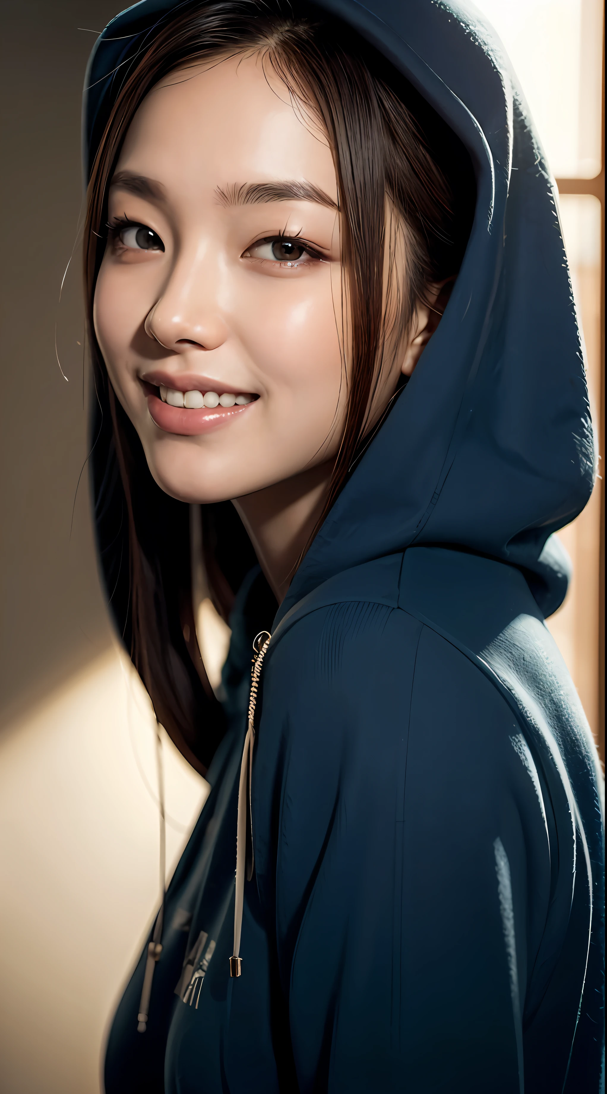 8k, best quality, masterpiece, realistic, ultra detail, photo realistic, hyper realistic, smoother lighting, increase cinematic lighting quality, realistic lighting, backlighting, brightening light, Increase quality, best quality real texture skin, 
close-up, slender, cute face, smile, beautiful details eyes, 19years old korean, pretty, Drill hair with electric blue color, hood,