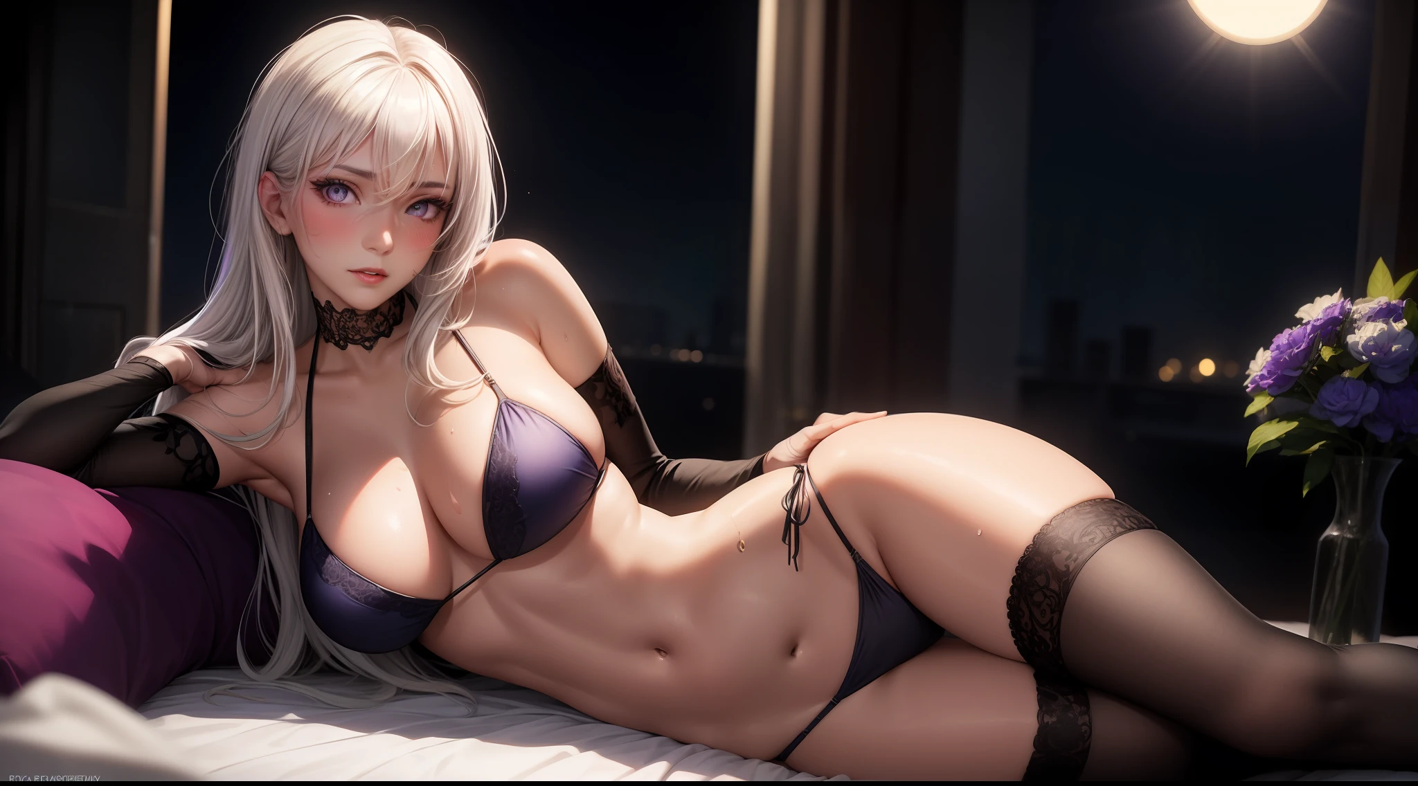Realistic, One Girl, White Hair, Purple Eyes, Glowing Eyes, Black Bikini Figure, Black Lace Knee High Stockings, Parted Lips, Blush, Night, Flower, Sun, Sunlight, Sweaty, Embarrassing Expression, Enraptured Expression, High Resolution, Masterpiece, Professional Artwork, Famous Artwork, Perfect Face, Beautiful Face, Beautiful Eyes, On Bed, Sexy Pose