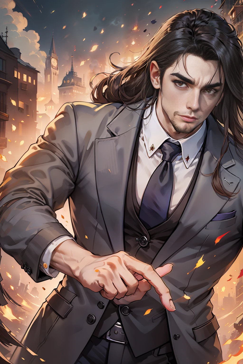 black mature anime man with long curly hair and beard in a suit, official character illustration, detailed character portrait, stylized urban fantasy art, official character art, closeup of character art, a character portrait, inspired by Max Magnus Norman, full body character portrait, full body character portrait, full body character portrait, character art portrait, detailed fanart, full body character portrait, adult man, mature, chocolate colored skin, long curly brown hair, beard, vintage, formal,Guweiz style, beautiful 3D style anime, portrait of a man with brown hair and brown skin, realistic portrait, anime style, 8K, guweiz in artstation pixiv, (absurdres, highres, ultra detailed) elegant, colorful, upper body, cathedral, Dutch angle