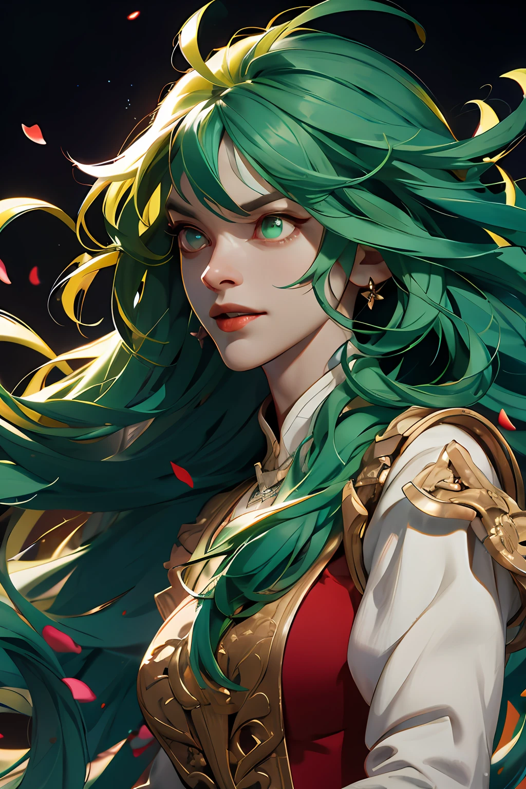 (absurdres, highres, ultra detailed), 1woman, mature female, aged up, wavy long hair, green hair, ruby eyes, bangs, long sleeves, finely detailed eyes and detailed face, extremely detailed CG unity 8k wallpaper, intricate details,  looking down, solo, (full body:0.6), detailed background, detailed face, (renaissance theme:1.1), medieval fantasy (bard:0.8), happy expression, dancing, dynamic pose, colorful laced clothes, music, joyful atmosphere, street, music,  music emanating, floating musical notes, musical notes, bright lighting, flowers,  party, performance,, portrait
