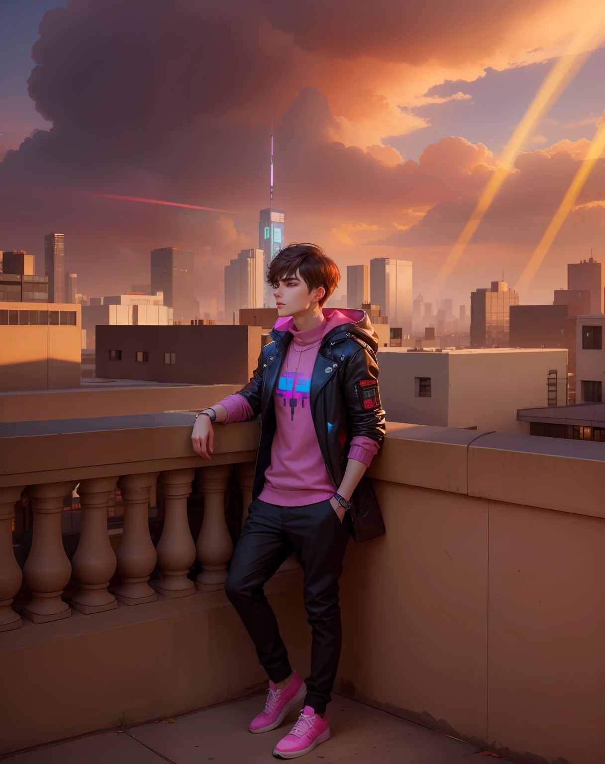 Improve face, straight hair, pink sweater, cyberpunk, change buildings, teclogical city, elegant, handsome boy in bangs, bangs