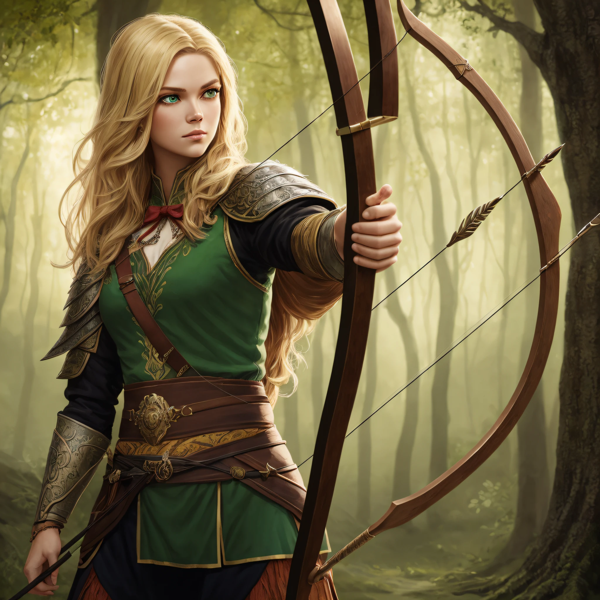 Illustration of an archer warrior princess, with bow and arrow, 8k of a beautiful blonde hair, elegant clothes, highly detailed, majestic, digital photography, wistful art art, grimm wood ,surreal painting , masterpiece , side lighting, beautiful green eyes indirectly detailed: 1.2 ), hdr, --auto