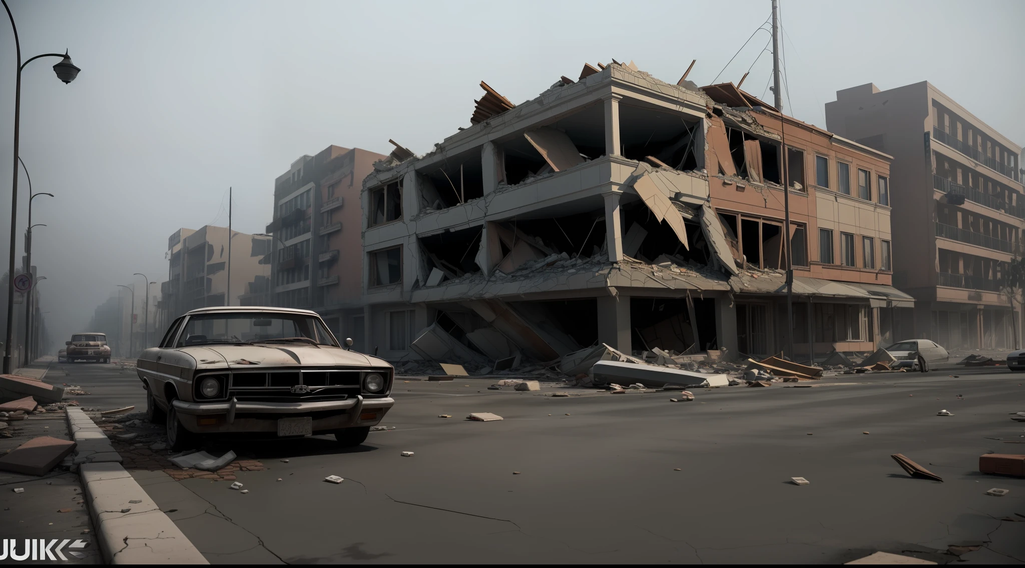 Realistic Los Angeles Collapsed buildings with crumbling buildings and debris-filled streets depicting the aftermath of destruction, cars covered in dust,very foggy weather, Ultra 8k, gray weather, realism, cinematic lighting, volumetric lighting, very detailed, background blur