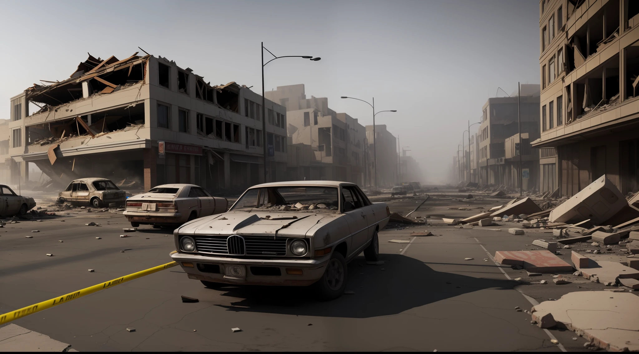 Realistic Los Angeles Collapsed buildings with crumbling buildings and debris-filled streets depicting the aftermath of destruction, cars covered in dust,very foggy weather, Ultra 8k, gray weather, realism, cinematic lighting, volumetric lighting, very detailed, background blur